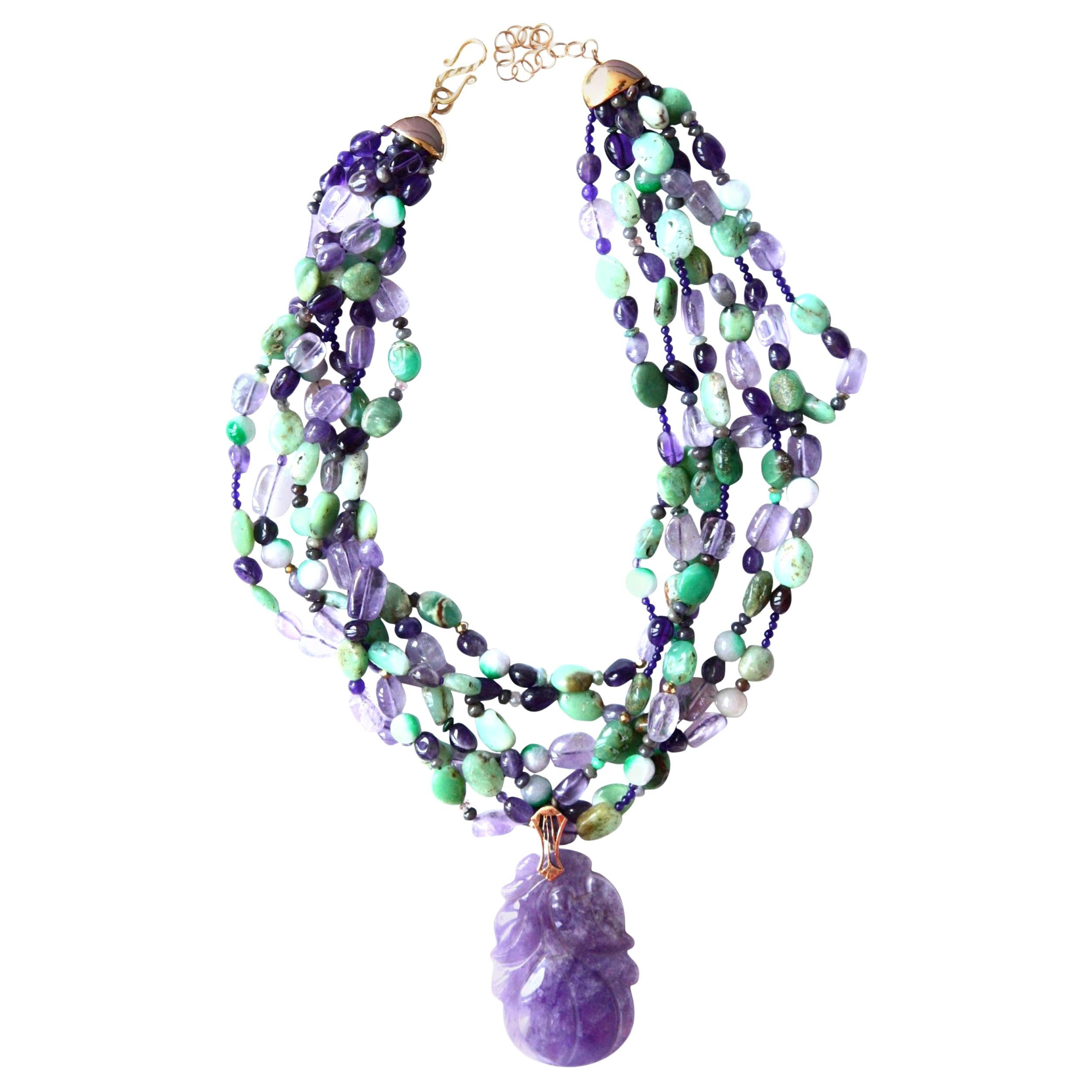 Lavander Jade Amethyst Amazzonite 18 Karat Gold Necklace For Sale