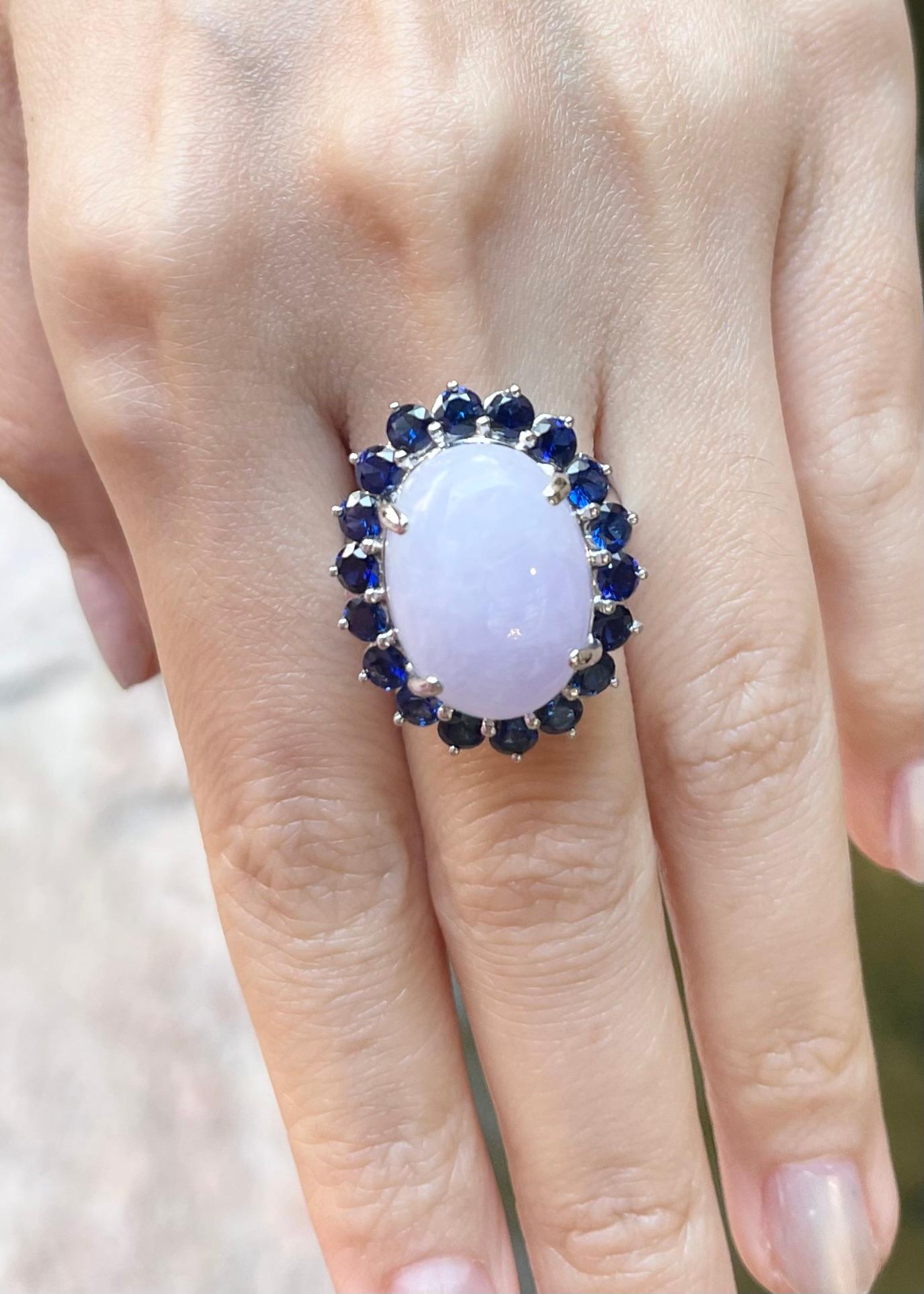 Mixed Cut Lavander Jade with Blue Sapphire Ring set in Platinum 950 For Sale