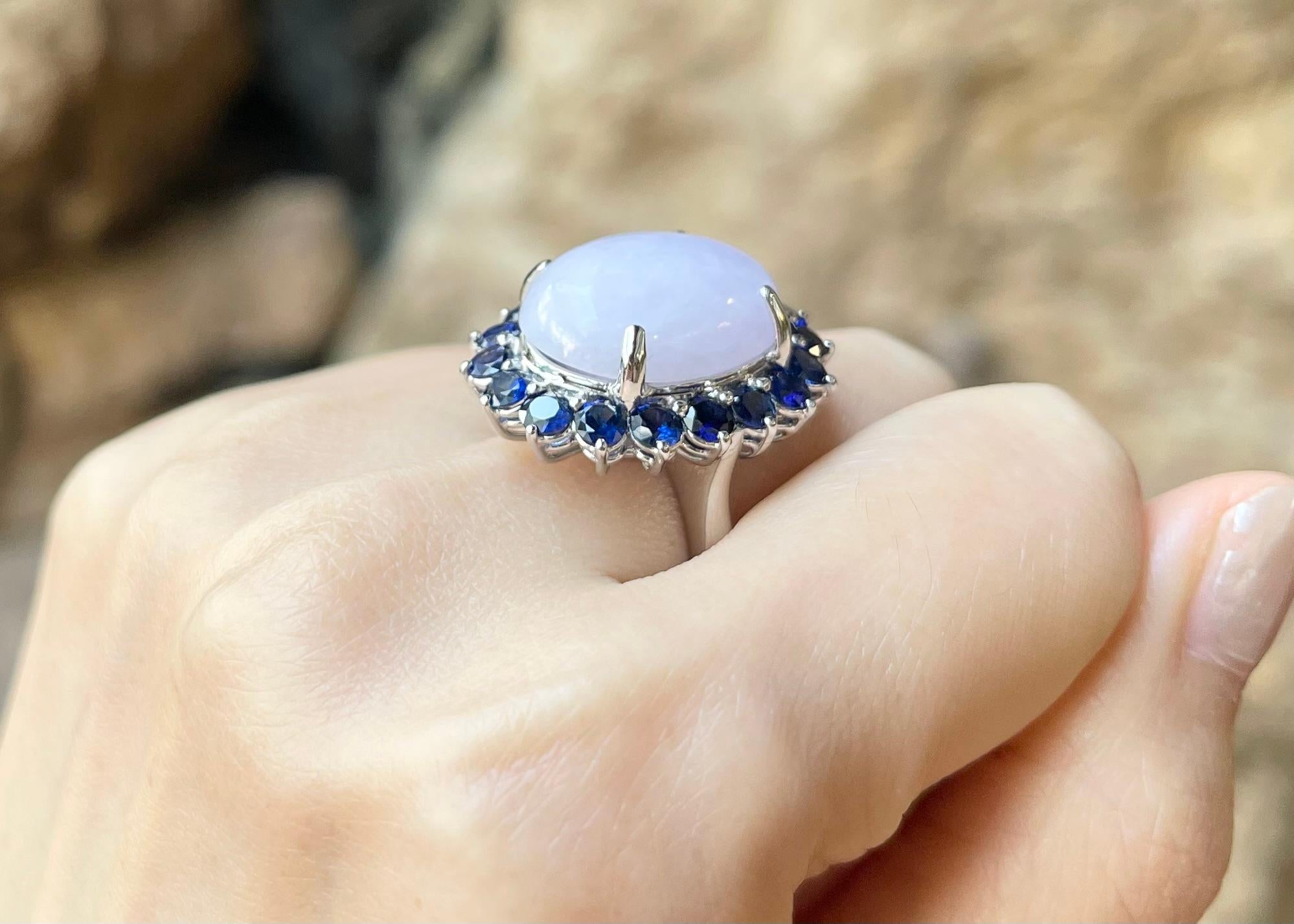 Women's Lavander Jade with Blue Sapphire Ring set in Platinum 950 For Sale