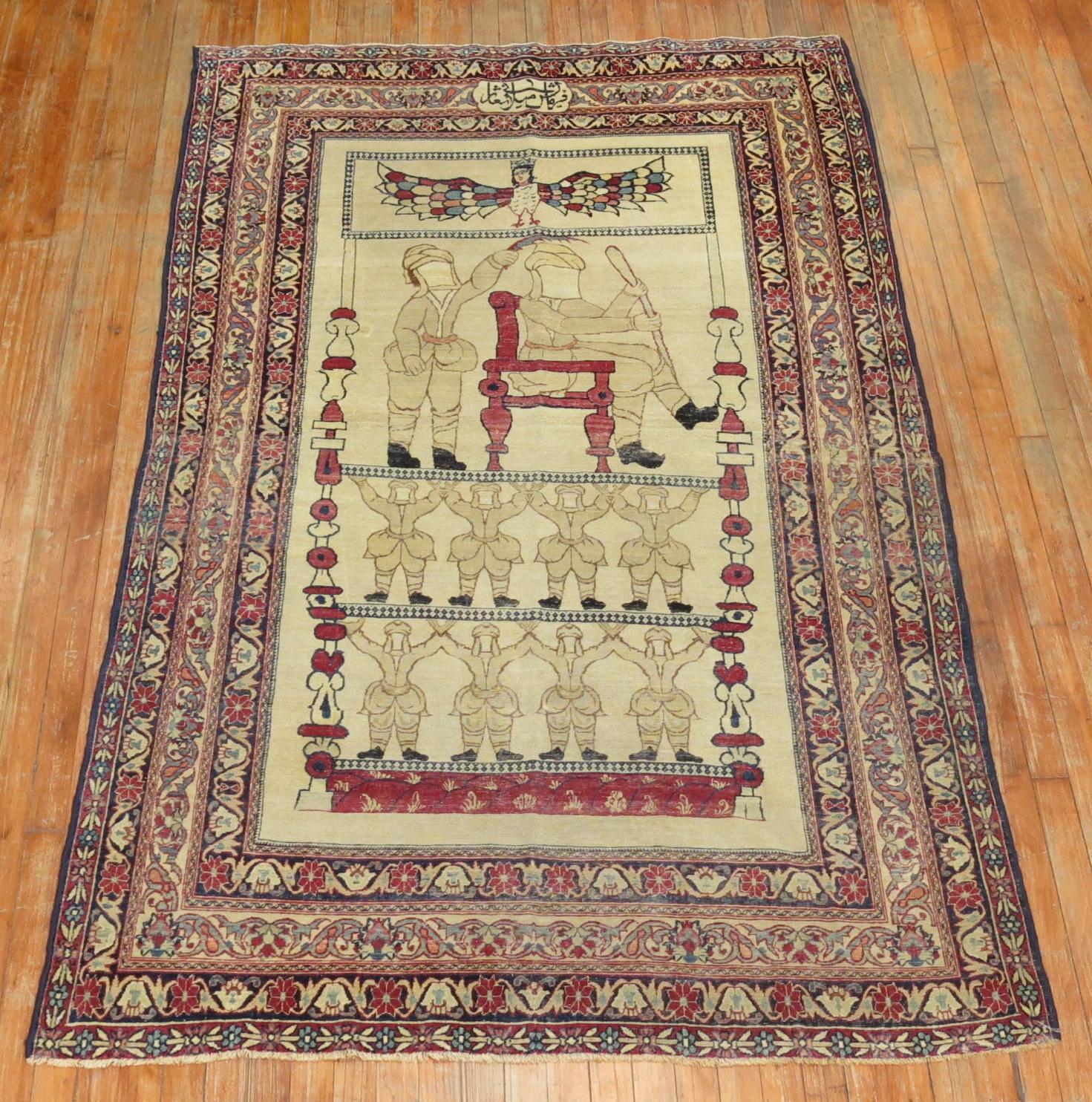 A late 19th century Persian Lavar Kerman rug. commissioned by milani workshop in northwest Iran inspired by the Persepolis . The rug has some religious attributes to it. It is signed too. The traditional colors are seen in many lavar Kerman rugs.
