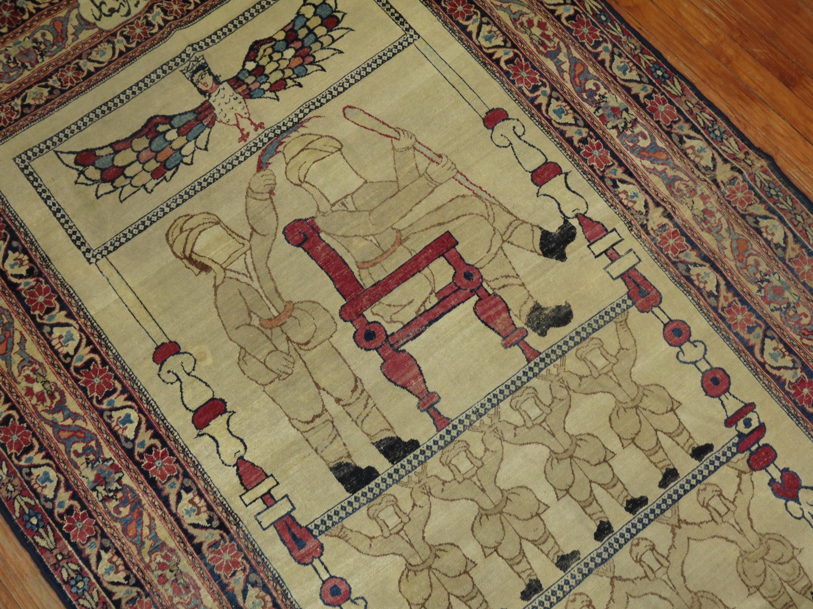 Late 19th Century Iranian Red & Cream Wool Pictorial Religious Rug, Signed In Good Condition In New York, NY