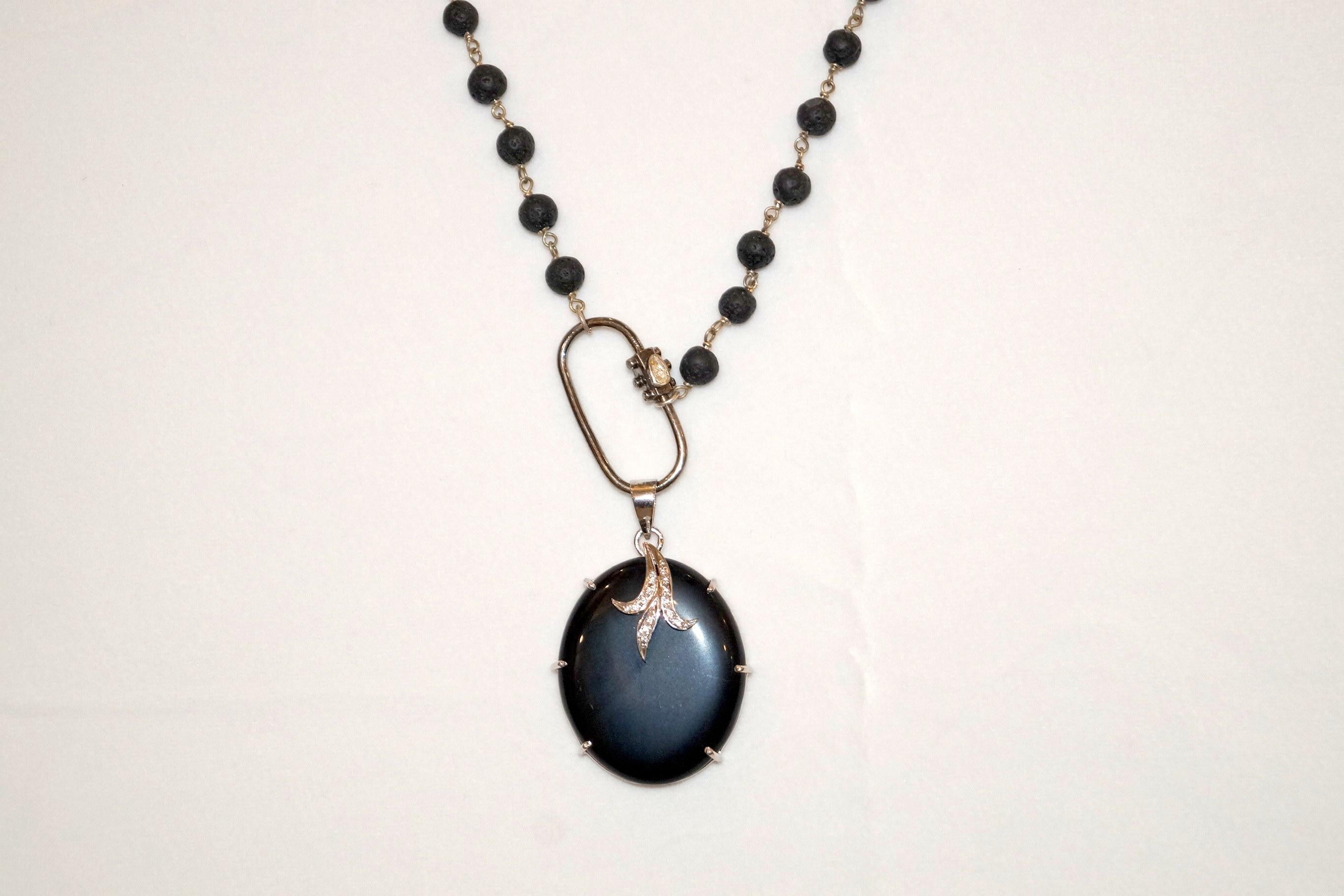 Contemporary Lave stone Bead Necklace in Sterling Silver Pave Diamond Carabiner n charms For Sale