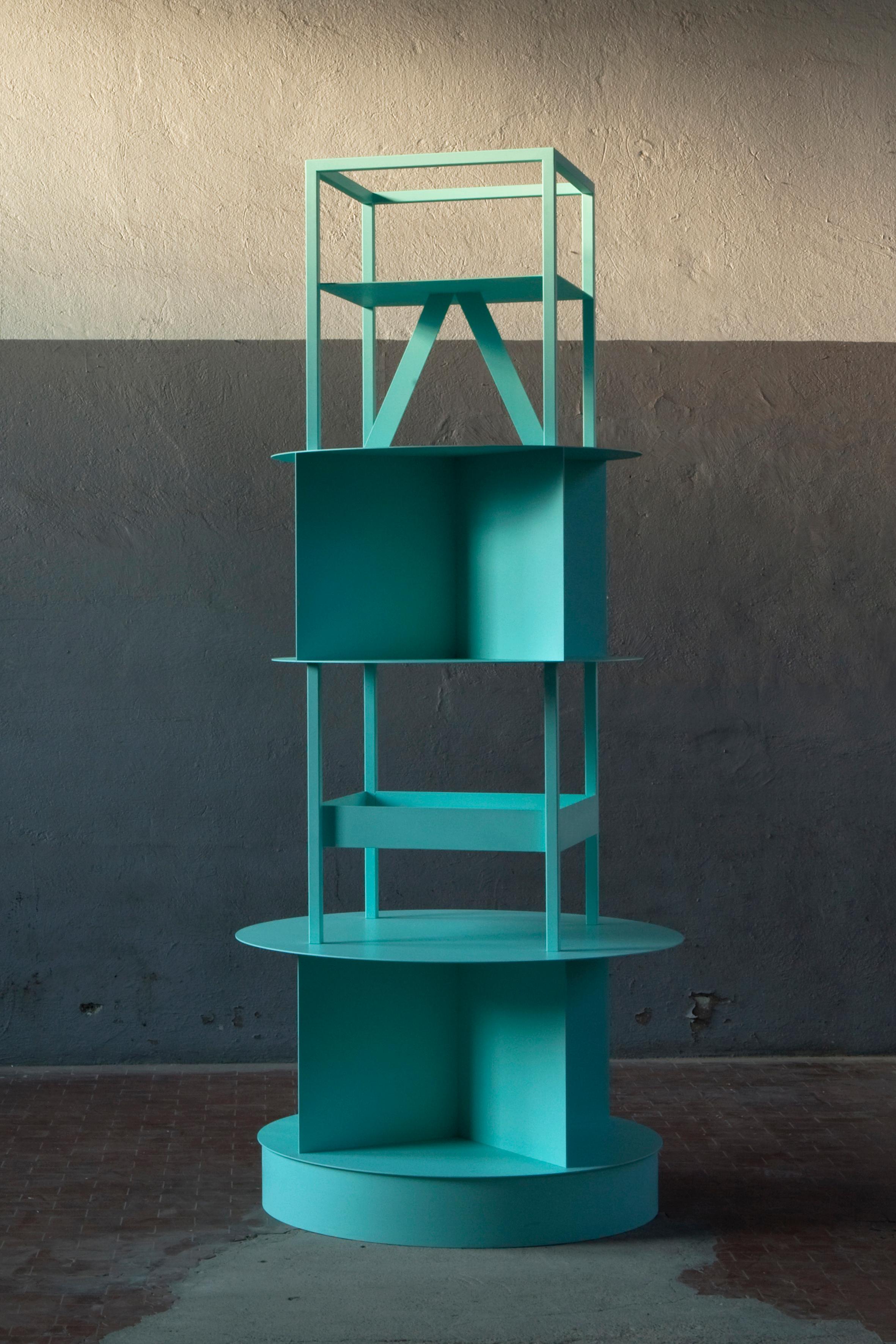 Laveer Totem by Oeuffice
Edition: 8 + 2AP
2011
Dimensions: 105 x 105 x 220 cm
Materials: Hand curved steel with a mint-turquoise soft touch finish

The Laveer Totem is a formal exploration of simple engineering constructions. The changing