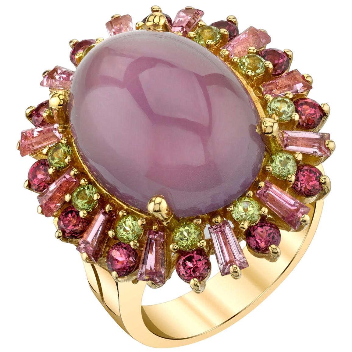 Lavender Chalcedony, Pink Tourmaline, Rhodolite Garnet and Peridot Cocktail Ring For Sale