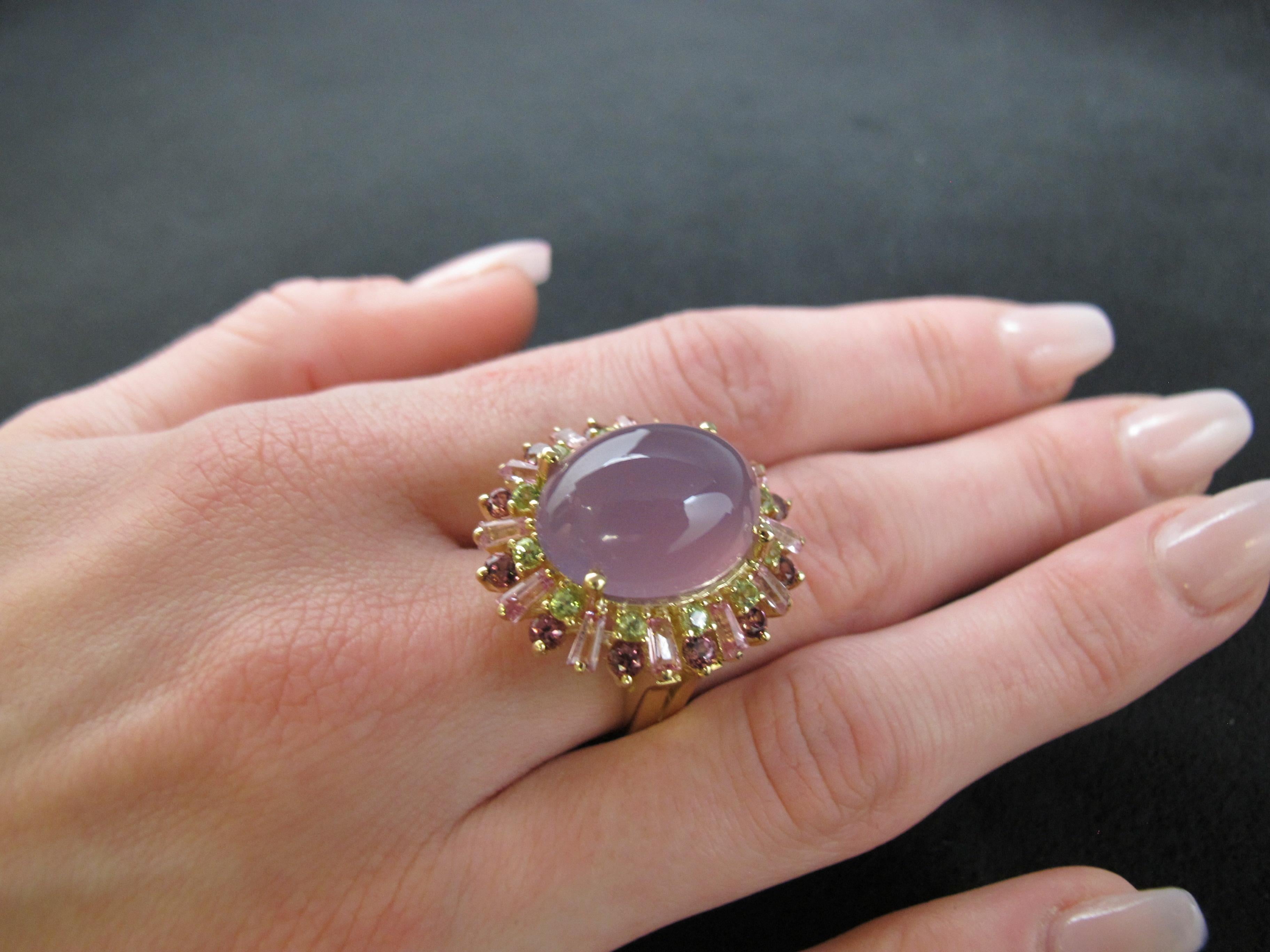 Lavender Chalcedony, Pink Tourmaline, Rhodolite Garnet and Peridot Cocktail Ring For Sale 2