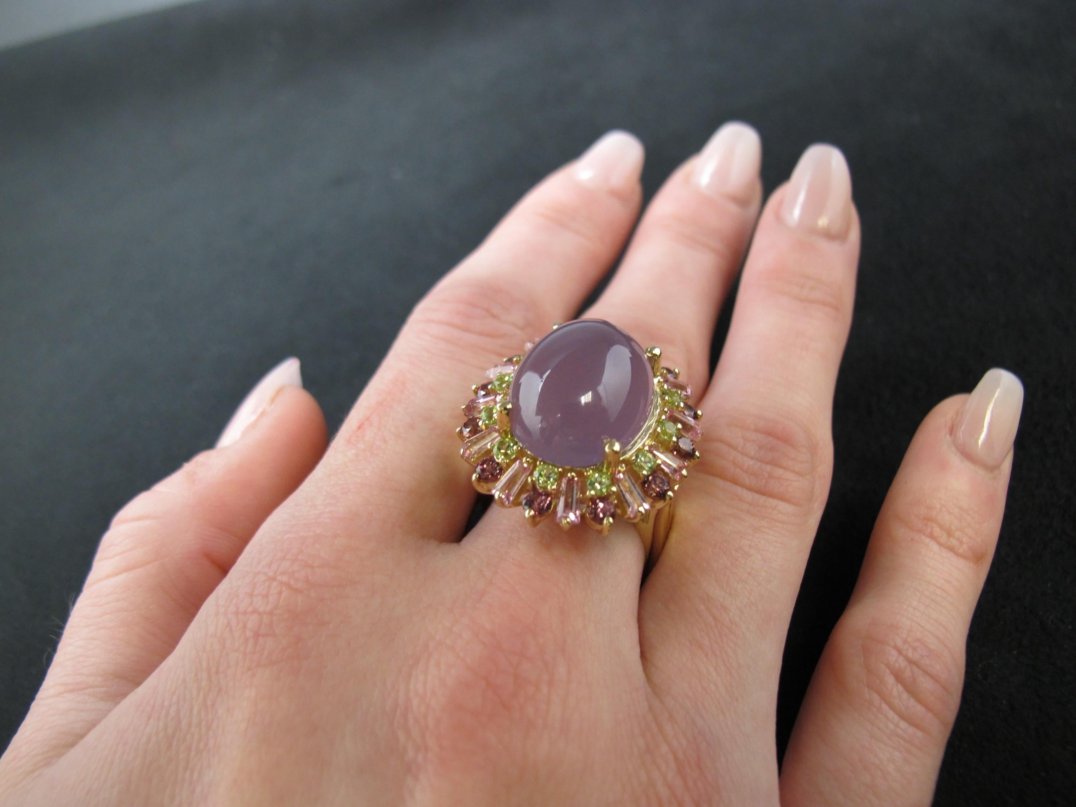 Lavender Chalcedony, Pink Tourmaline, Rhodolite Garnet and Peridot Cocktail Ring For Sale 3