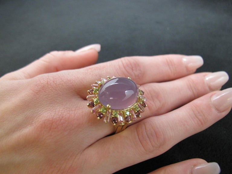 Lavender Chalcedony, Tourmaline, Garnet, Peridot Yellow Gold Cocktail Ring For Sale 2