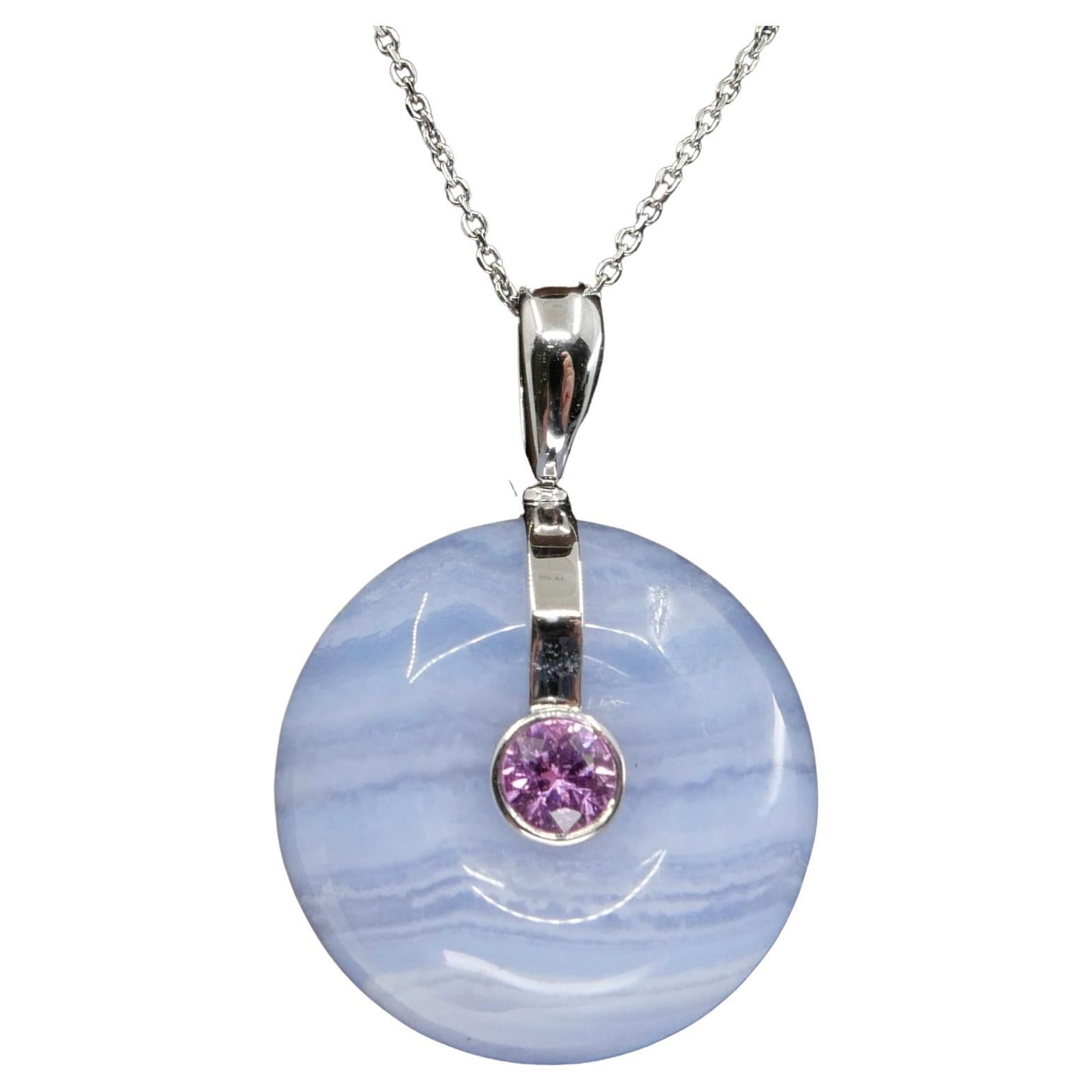 Natural Agate 20.47 Cts , Pink Sapphire And Rose Cut Diamond Pendant. Reversible For Sale