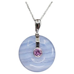 Natural Agate 20.47 Cts , Pink Sapphire And Rose Cut Diamond Pendant. Reversible