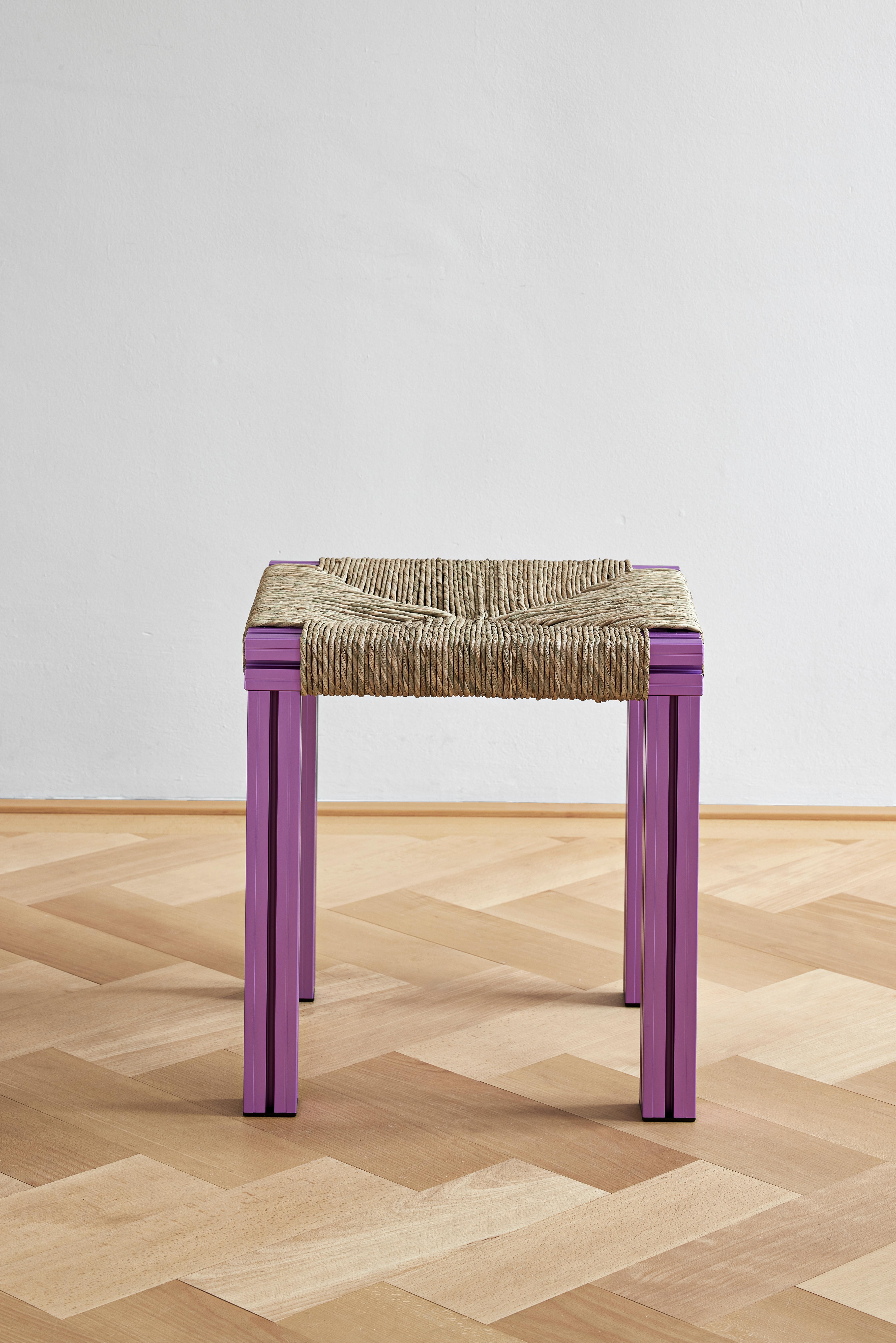 Lavender Aluminium Stool with Flax Webbing Seat from Anodised Wicker Collection For Sale 5