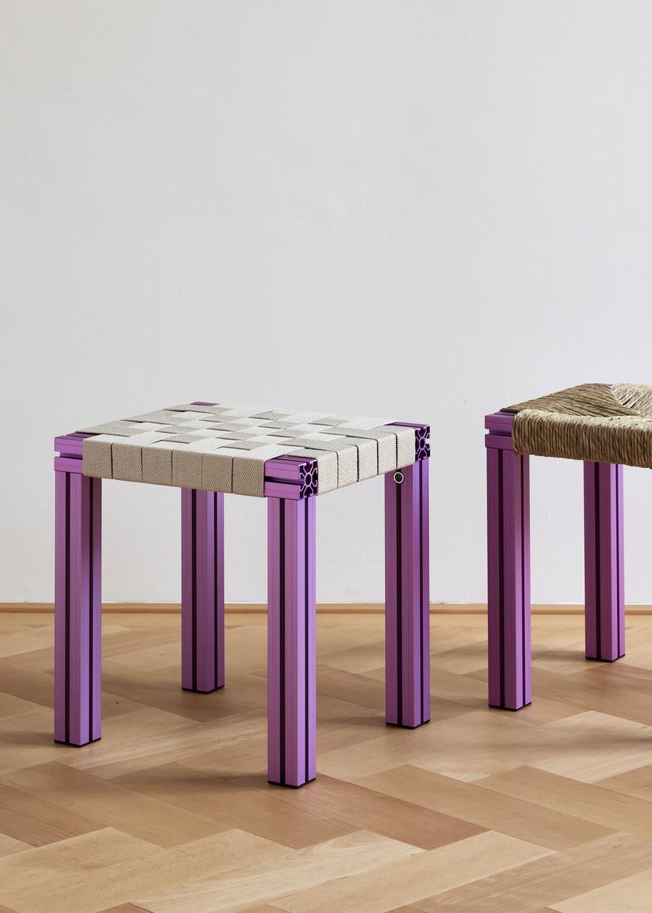 Modern Lavender Aluminium Stool with Flax Webbing Seat from Anodised Wicker Collection For Sale