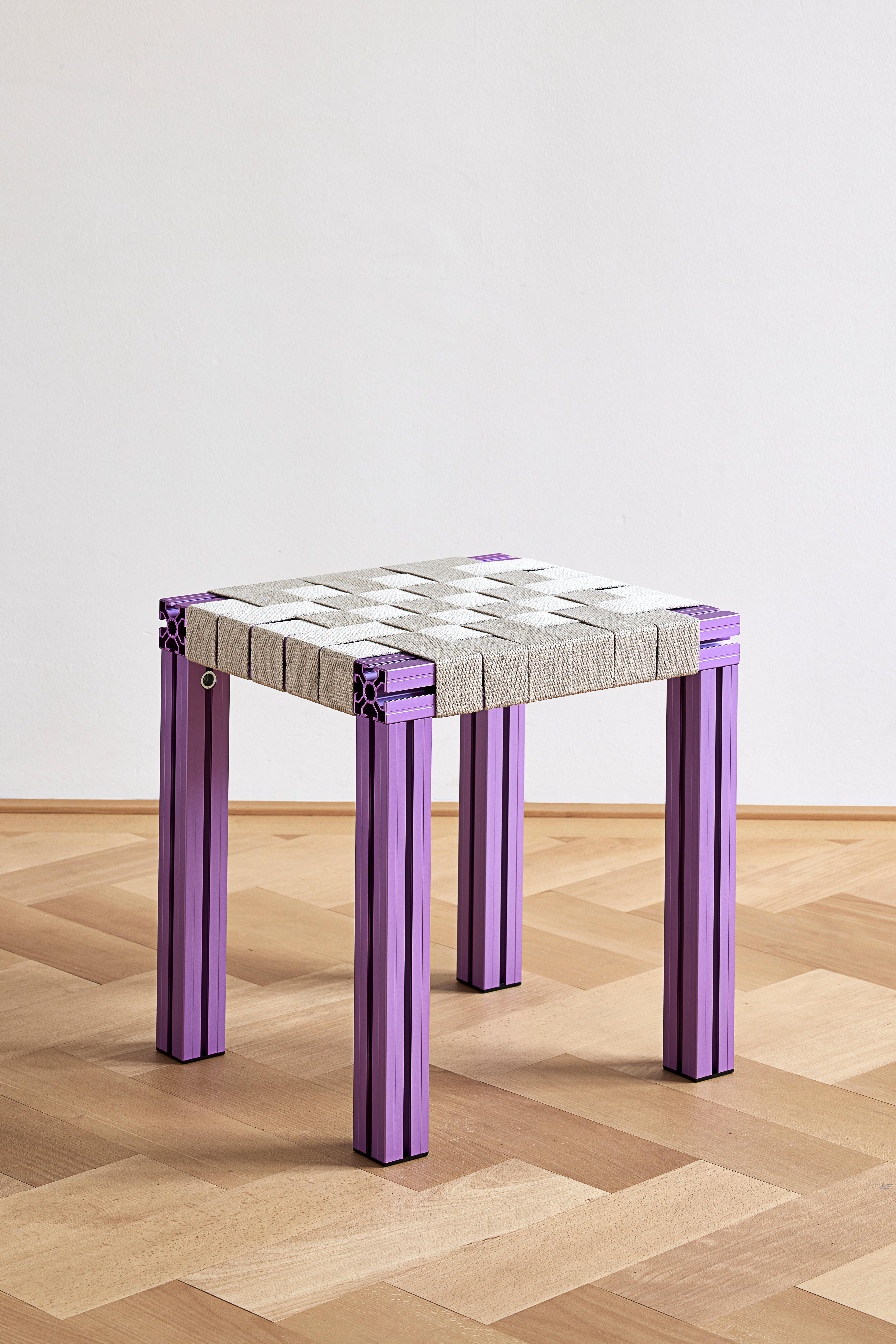 British Lavender Aluminium Stool with Flax Webbing Seat from Anodised Wicker Collection For Sale