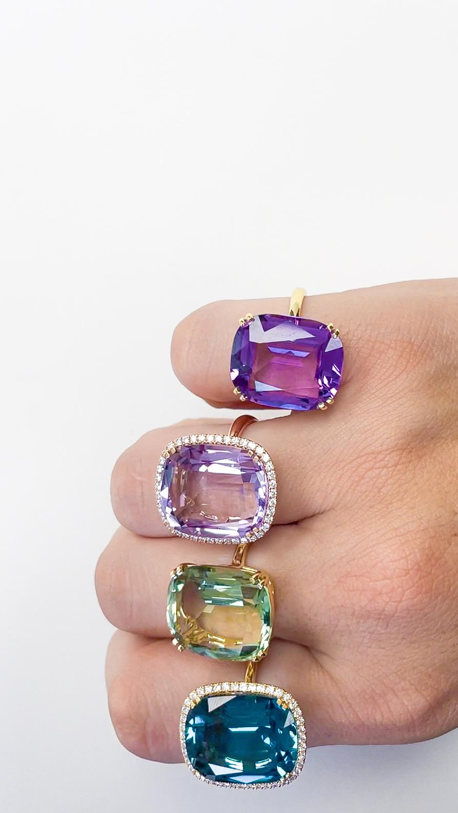 En vente :  Bague taille coussin avec tige tube et diamants en or rose 18 carats 4