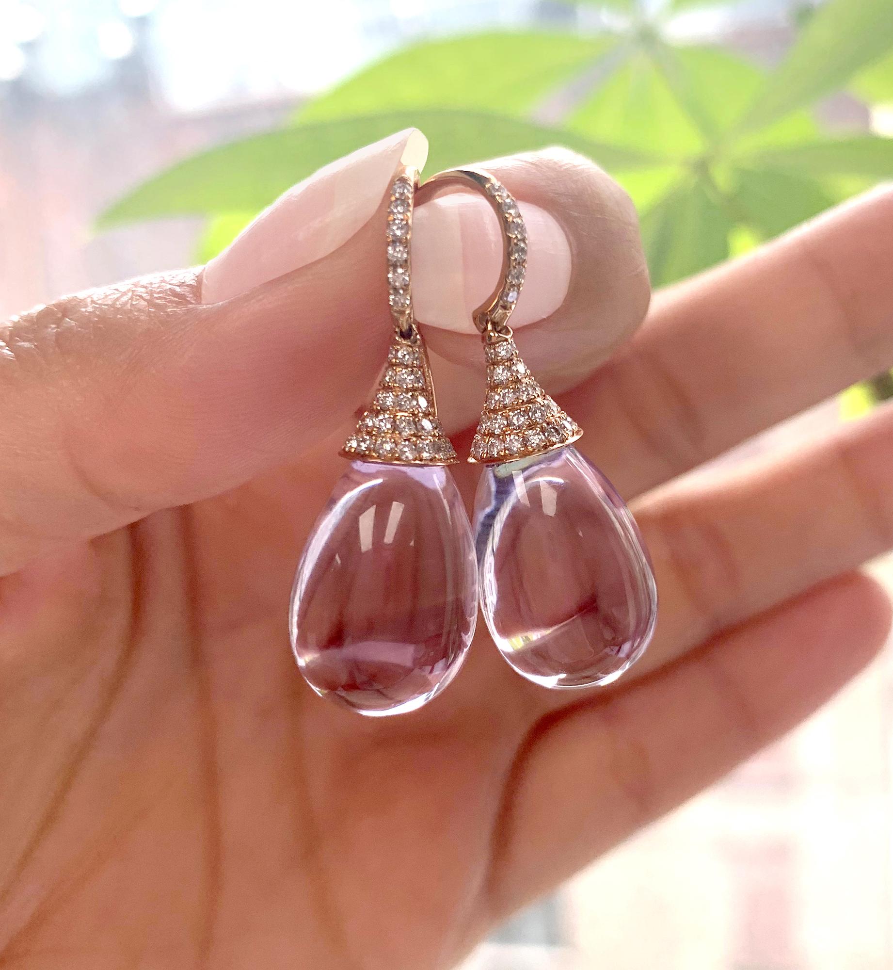 Lavender Amethyst Drops Earrings with Diamonds in 18K Rose Gold, form 'Naughty' Collection 

Stone Size: 19 x 12 mm

Gemstone Approx Wt: Lavender Amethyst- 35.11 Carats

Diamonds: G-H / VS, Approx. Wt: 0.78 Carats