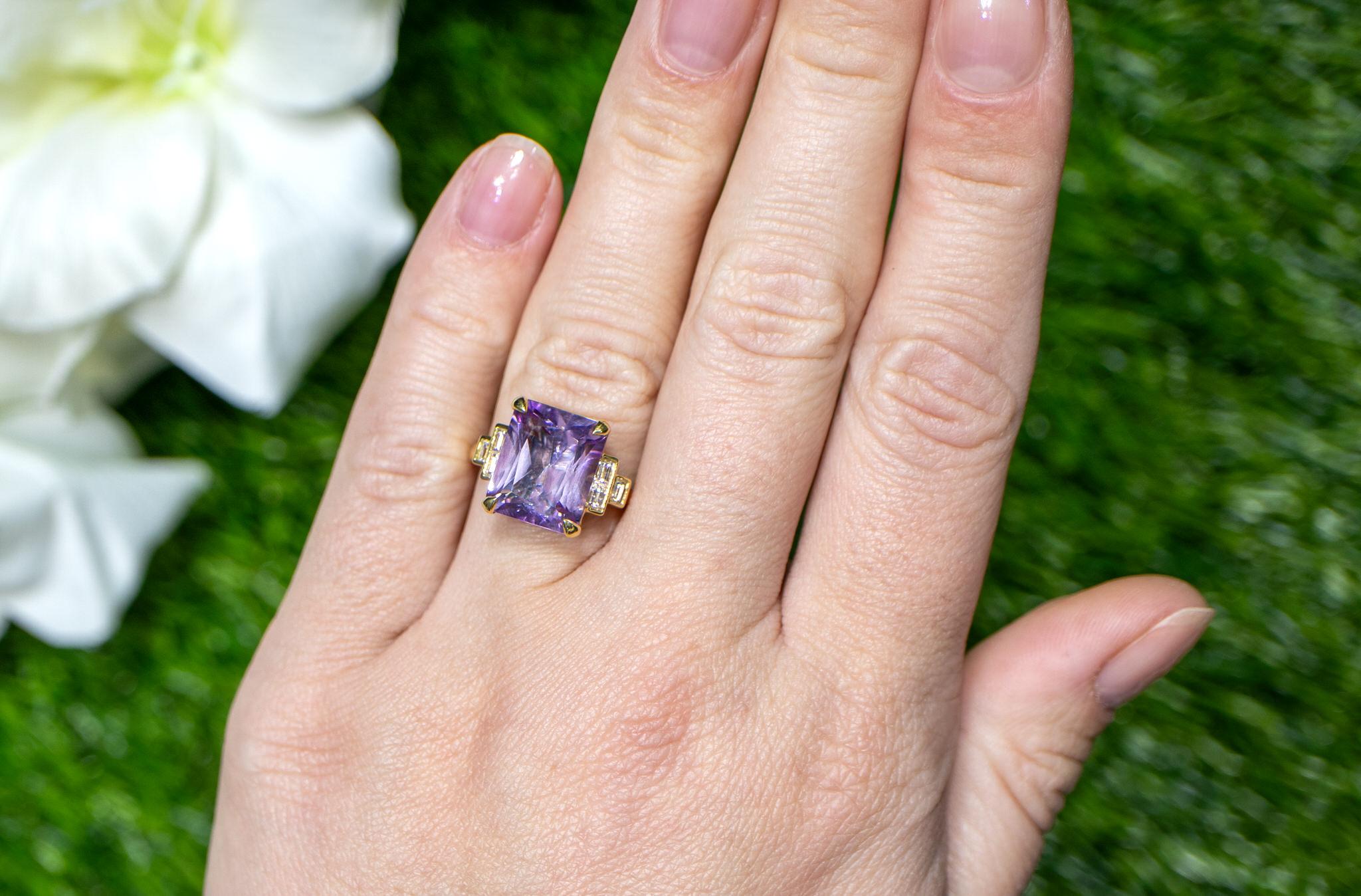 It comes with the Gemological Appraisal by GIA GG/AJP
All Gemstones are Natural
Lavender Amethyst = 5.35 Carats
Diamonds = 0.30 Carats
Metal: 18K Yellow Gold
Ring Size: 6.5* US
*It can be resized complimentary
