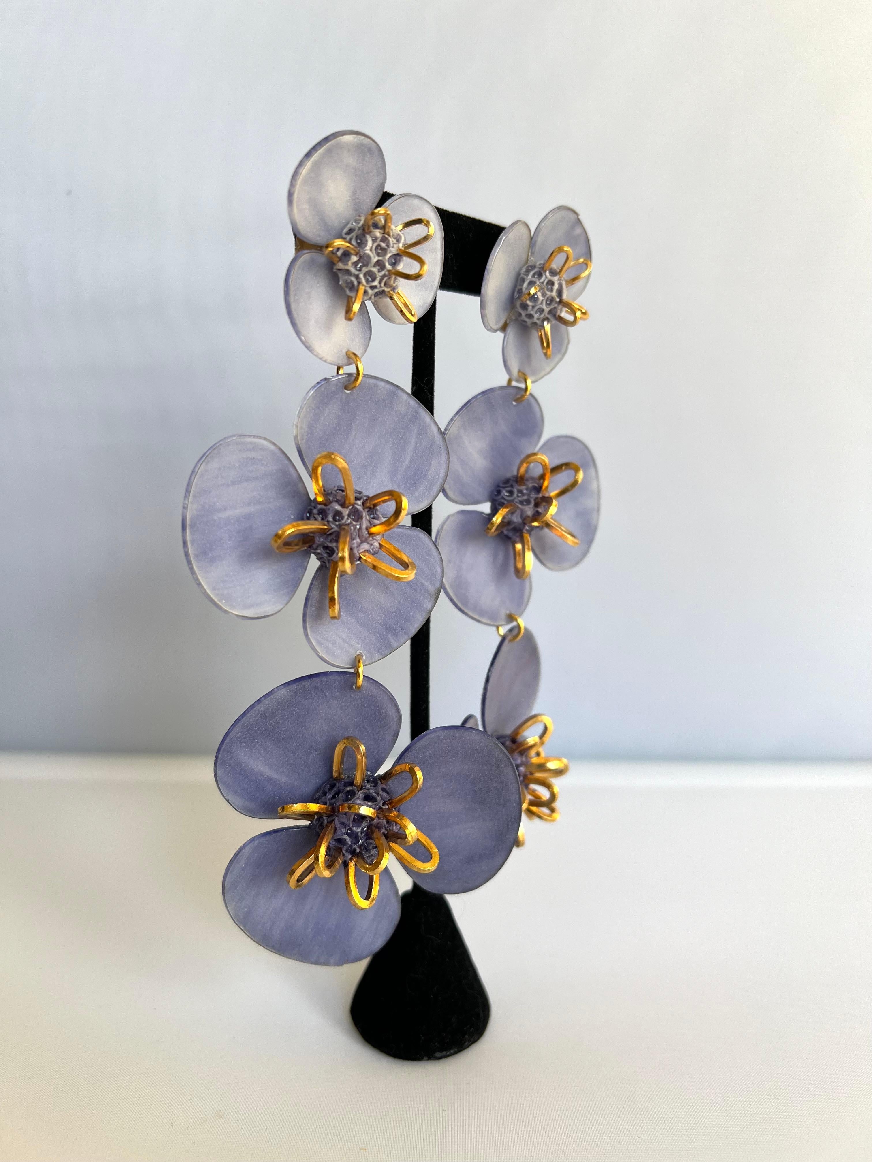 Artisan Lavender and Gold Triple Flower Dangle Earrings  For Sale