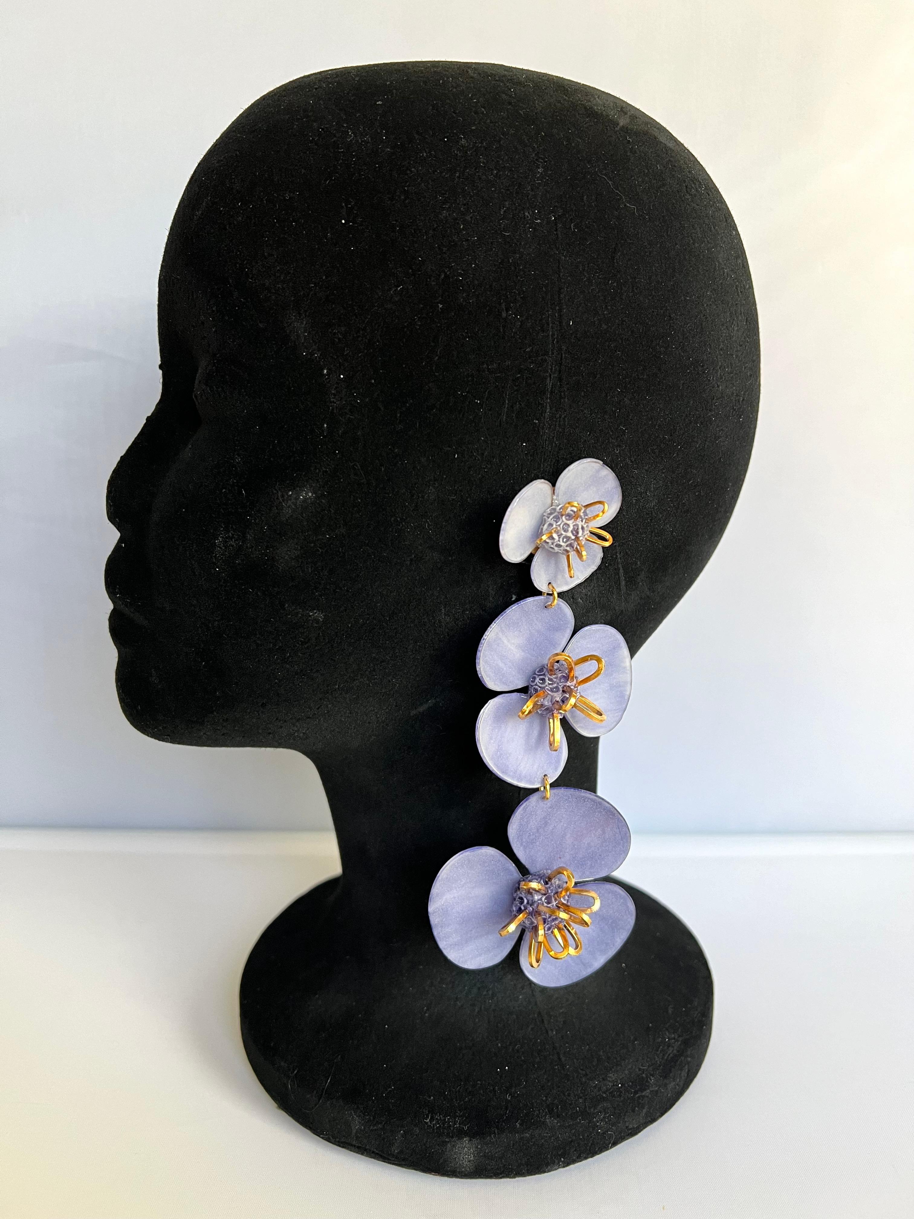 Lavender and Gold Triple Flower Dangle Earrings  In New Condition For Sale In Palm Springs, CA
