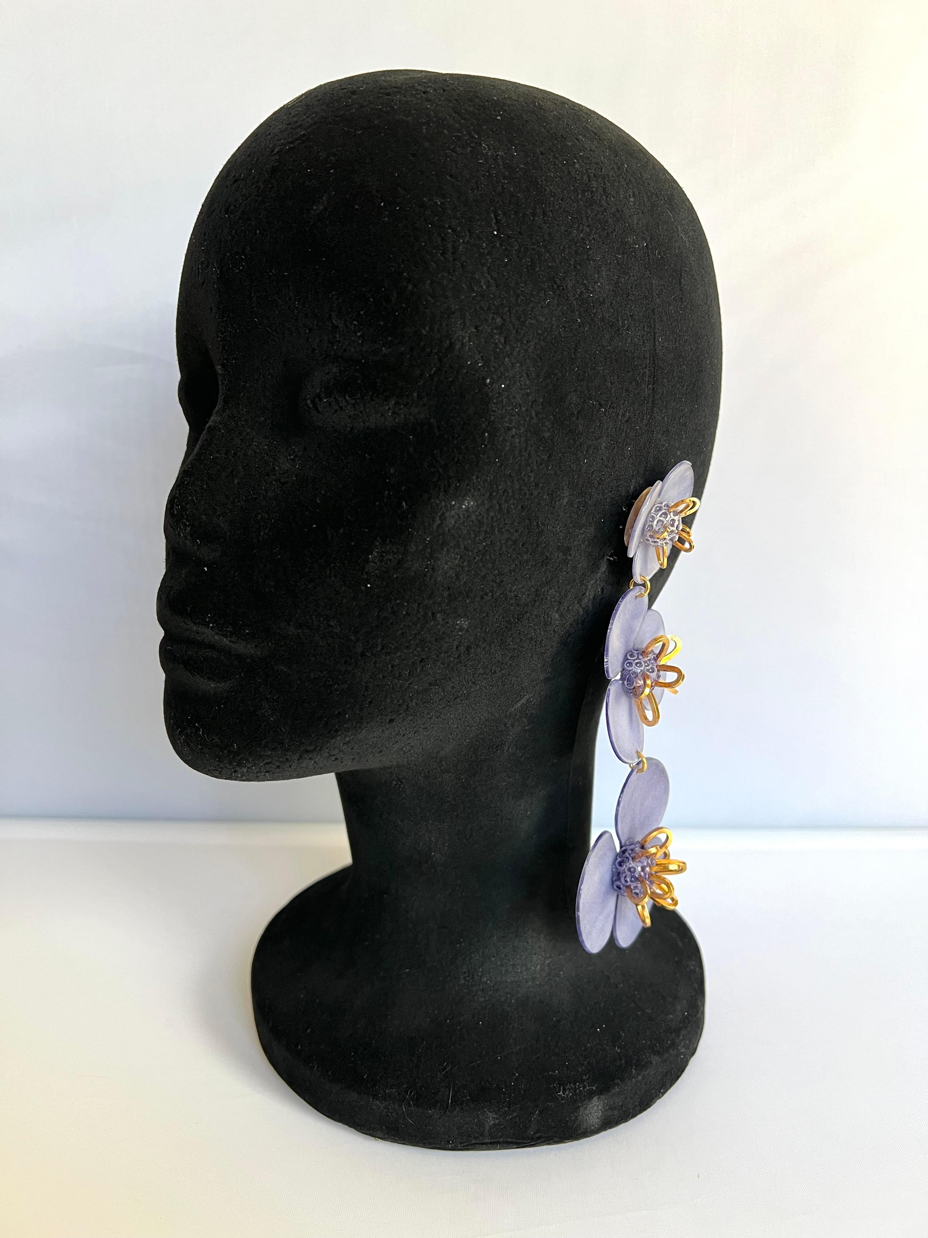 Women's Lavender and Gold Triple Flower Dangle Earrings  For Sale