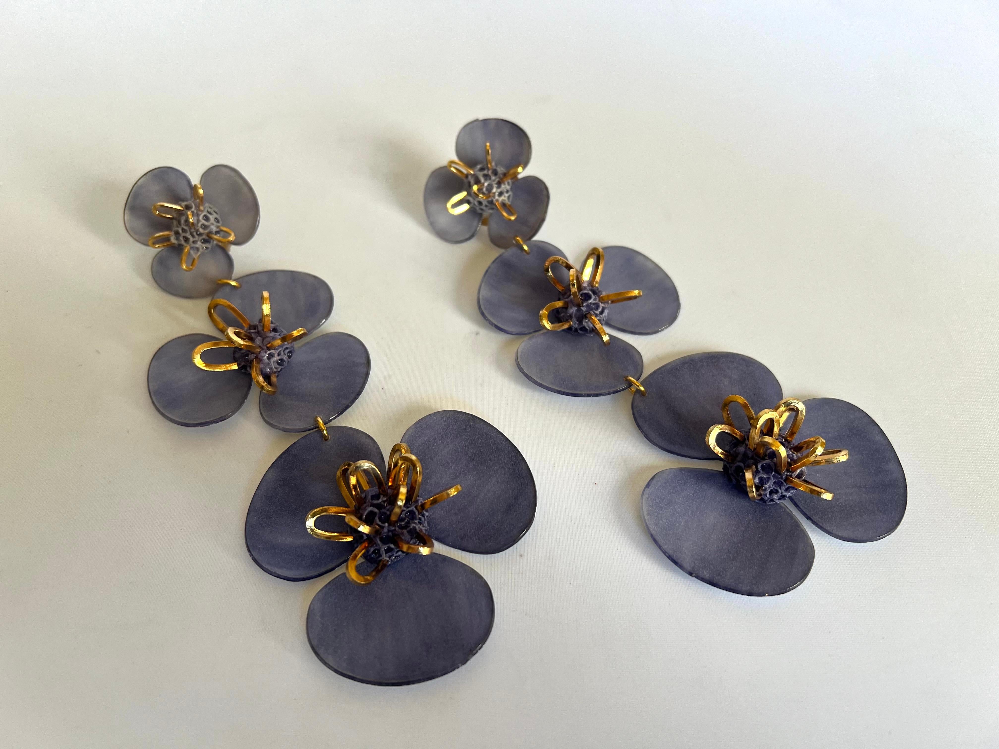 Lavender and Gold Triple Flower Dangle Earrings  For Sale 1
