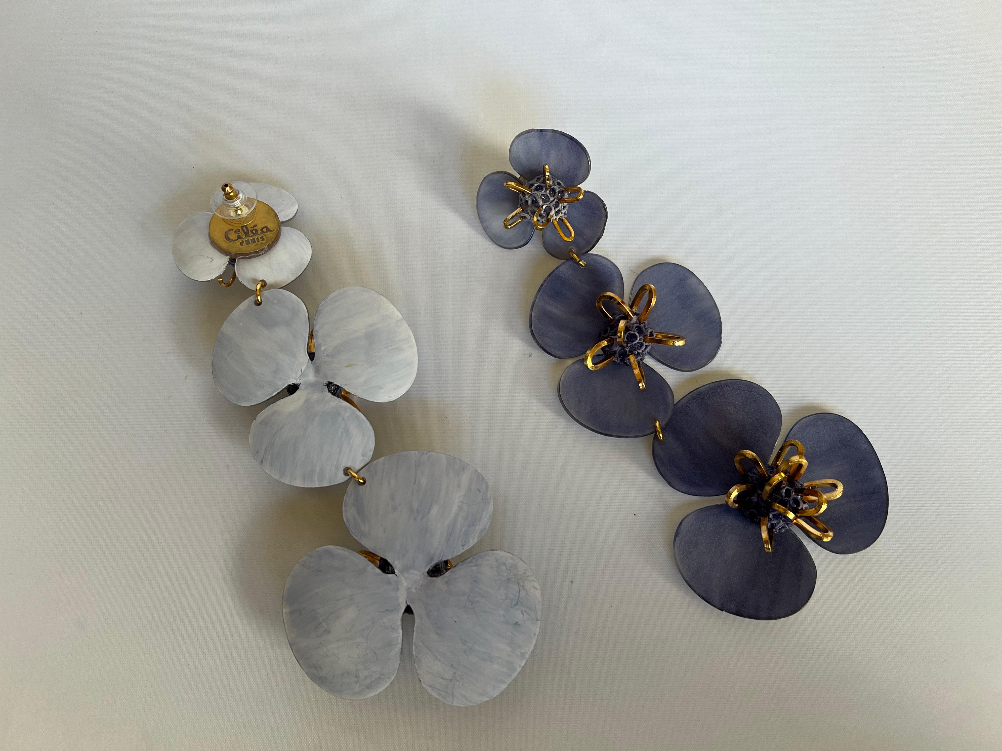 Lavender and Gold Triple Flower Dangle Earrings  For Sale 2