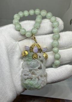 Collana con ciondolo in oro 20 carati di lavanda e giada verde Bird Lily Pad Lotus