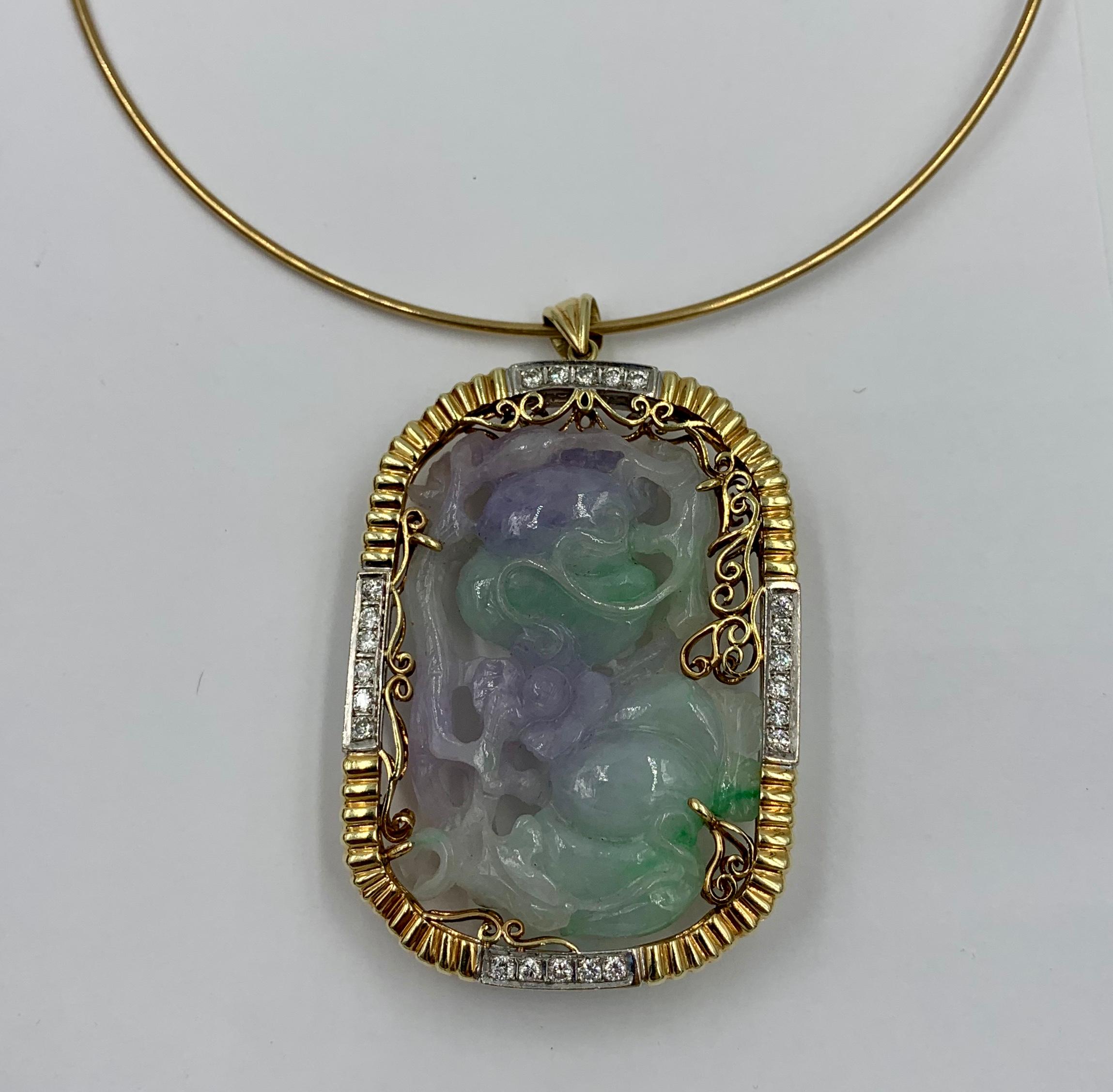 Lavender and Green Jadeite Jade 2.2 Carat Diamond Gold Pendant Necklace For Sale 2