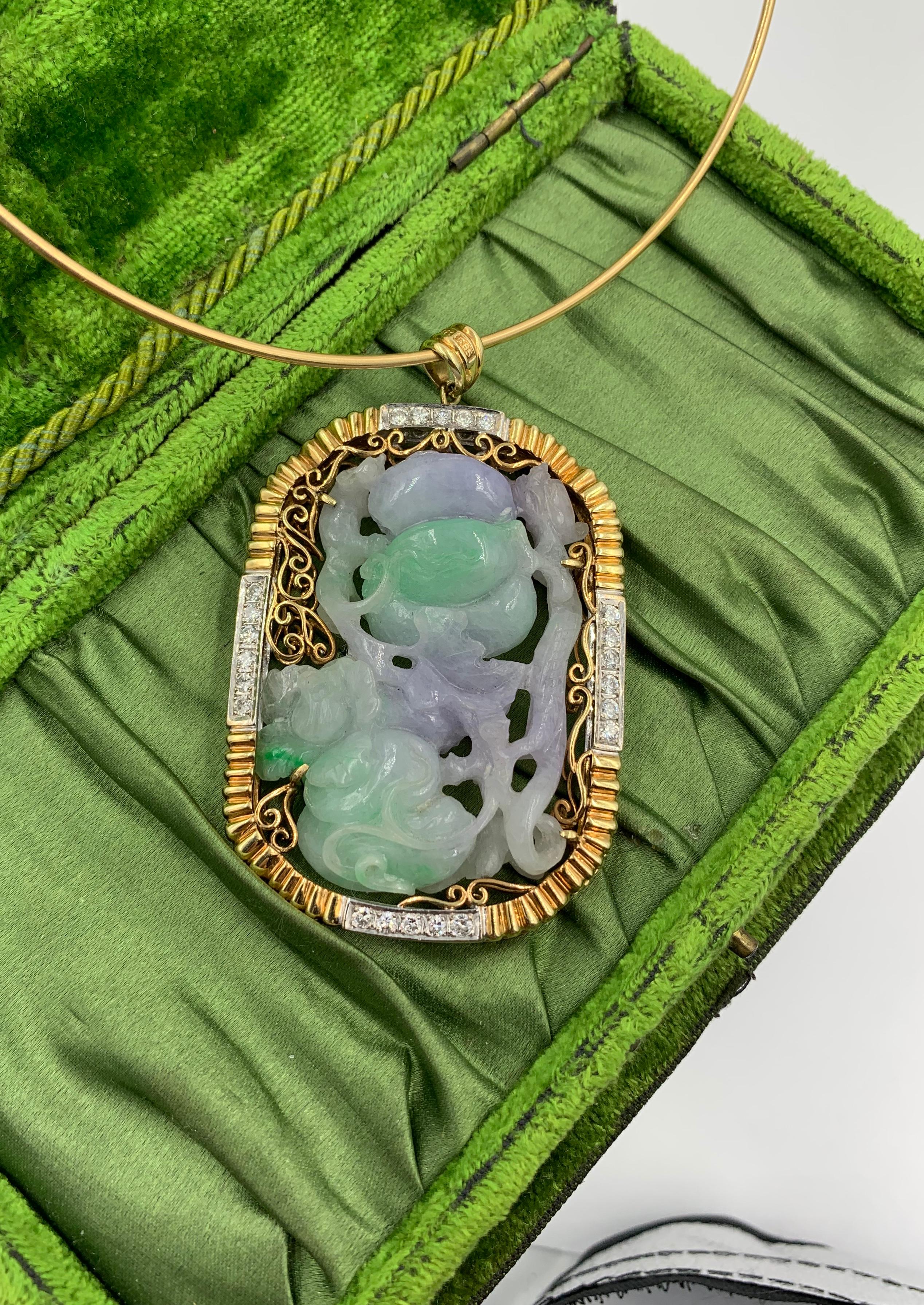 Lavender and Green Jadeite Jade 2.2 Carat Diamond Gold Pendant Necklace For Sale 5