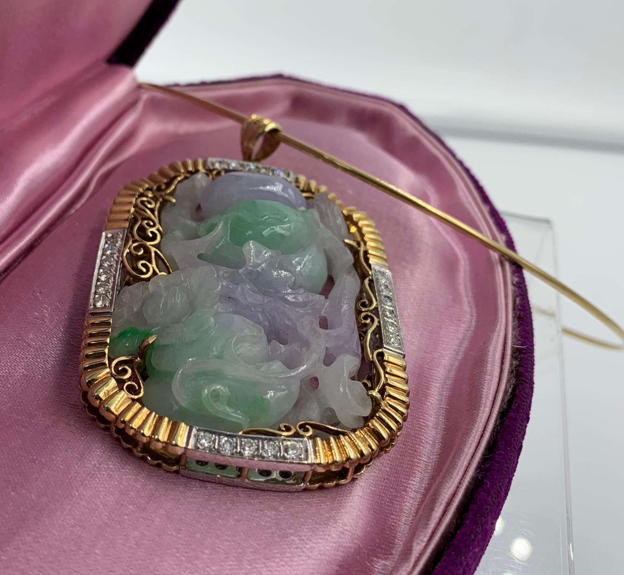 Lavender and Green Jadeite Jade 2.2 Carat Diamond Gold Pendant Necklace For Sale 6