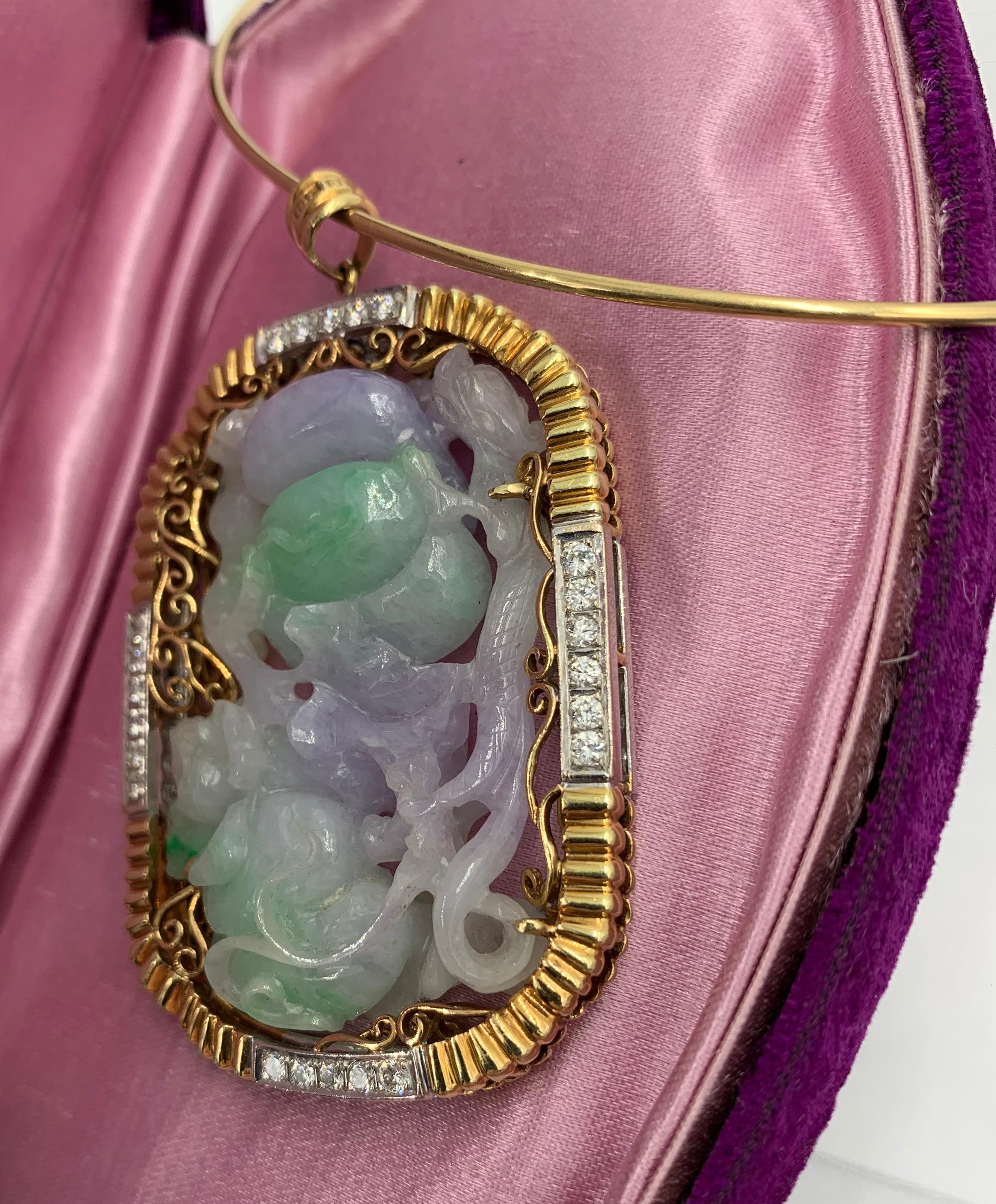 Contemporary Lavender and Green Jadeite Jade 2.2 Carat Diamond Gold Pendant Necklace For Sale