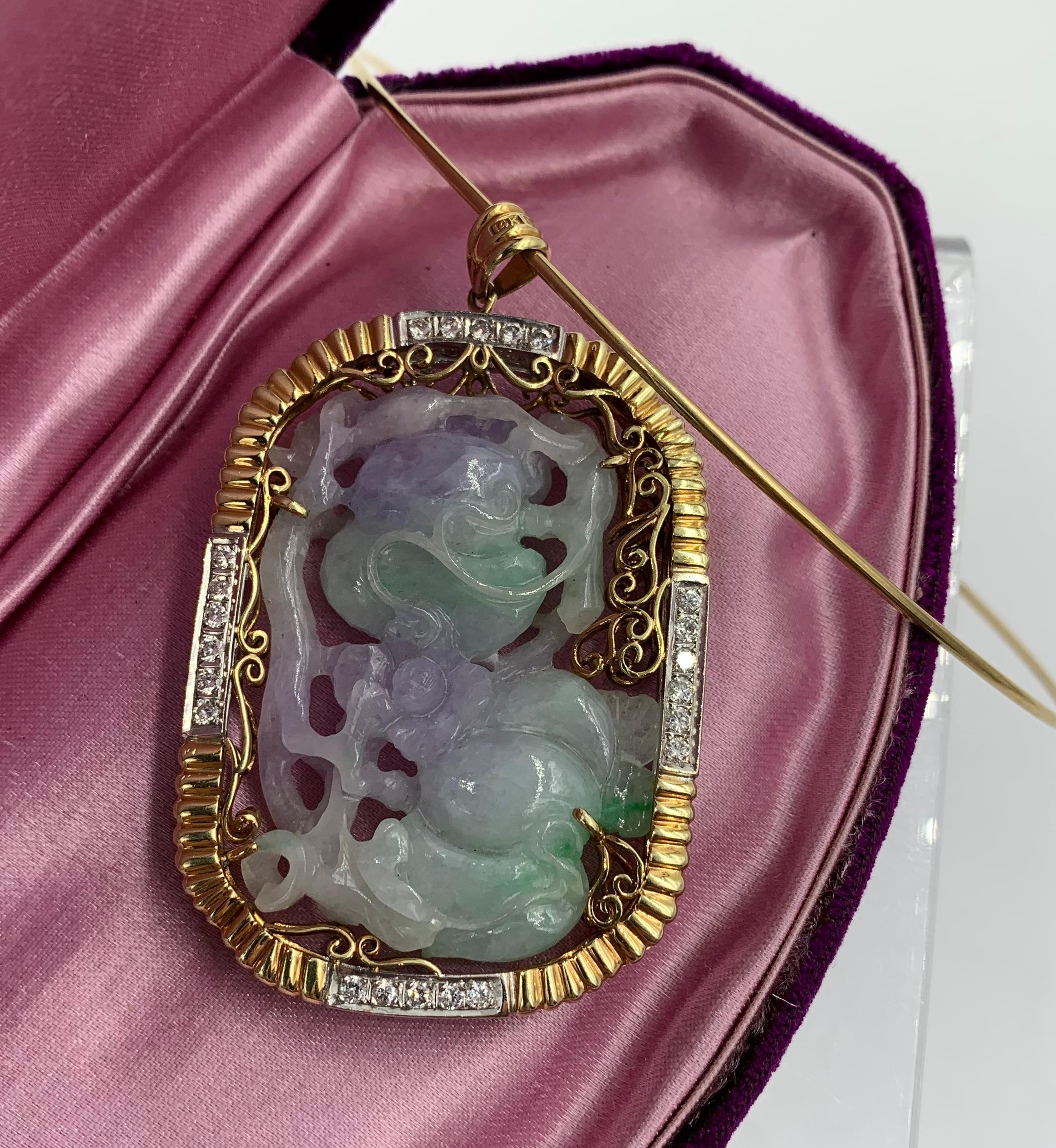 Mixed Cut Lavender and Green Jadeite Jade 2.2 Carat Diamond Gold Pendant Necklace For Sale