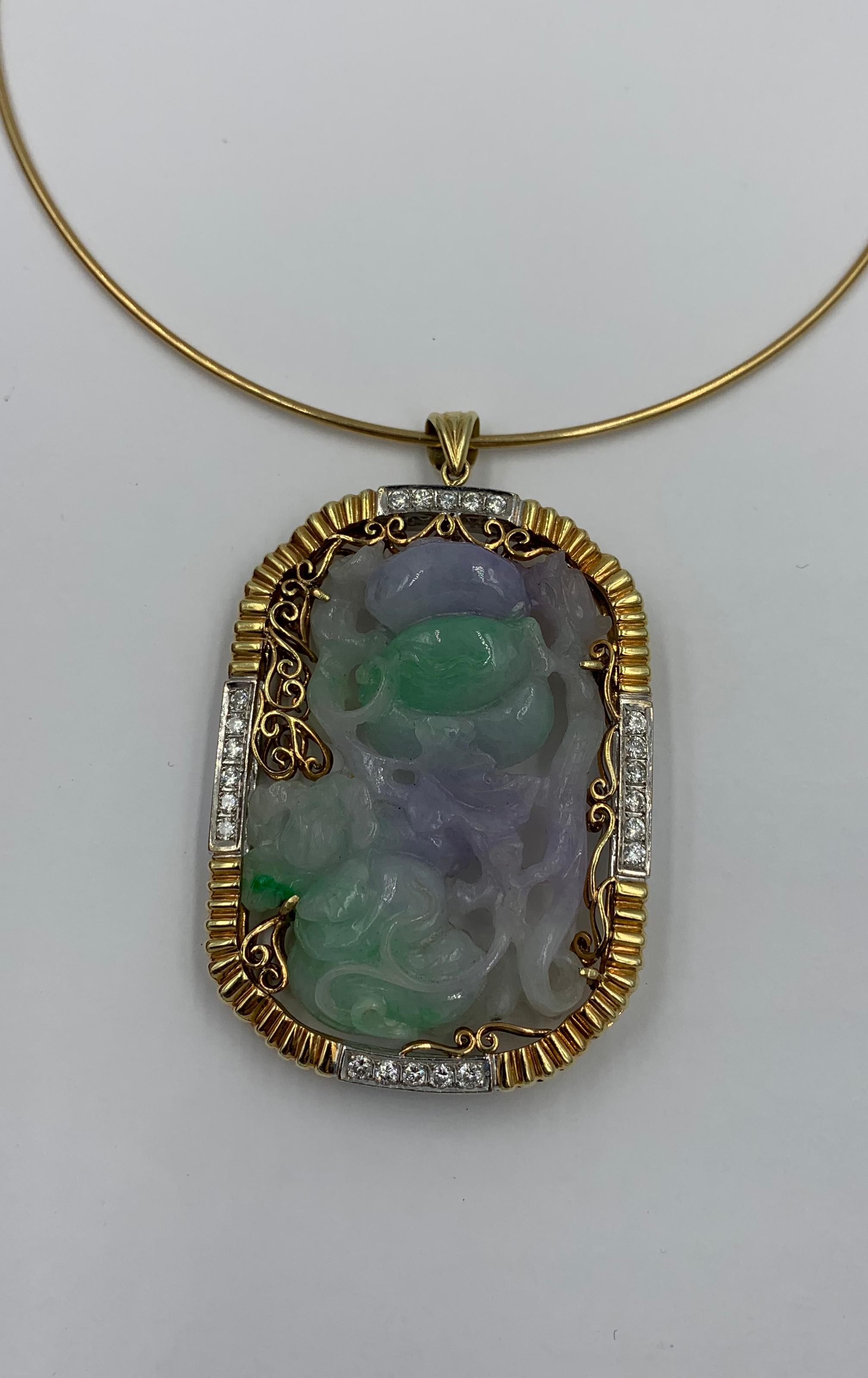 Women's Lavender and Green Jadeite Jade 2.2 Carat Diamond Gold Pendant Necklace For Sale
