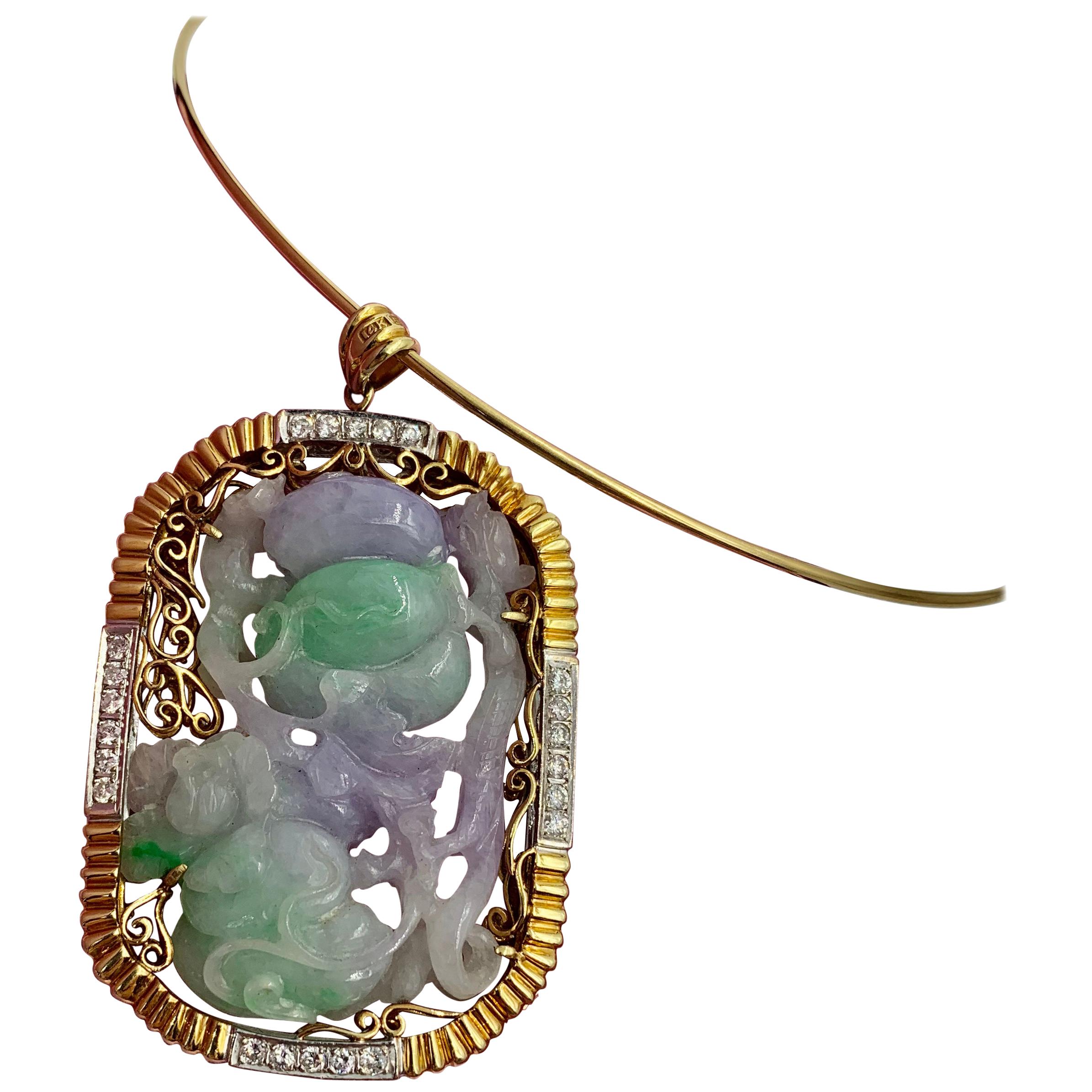 Lavender and Green Jadeite Jade 2.2 Carat Diamond Gold Pendant Necklace