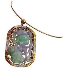 Vintage Lavender and Green Jadeite Jade 2.2 Carat Diamond Gold Pendant Necklace