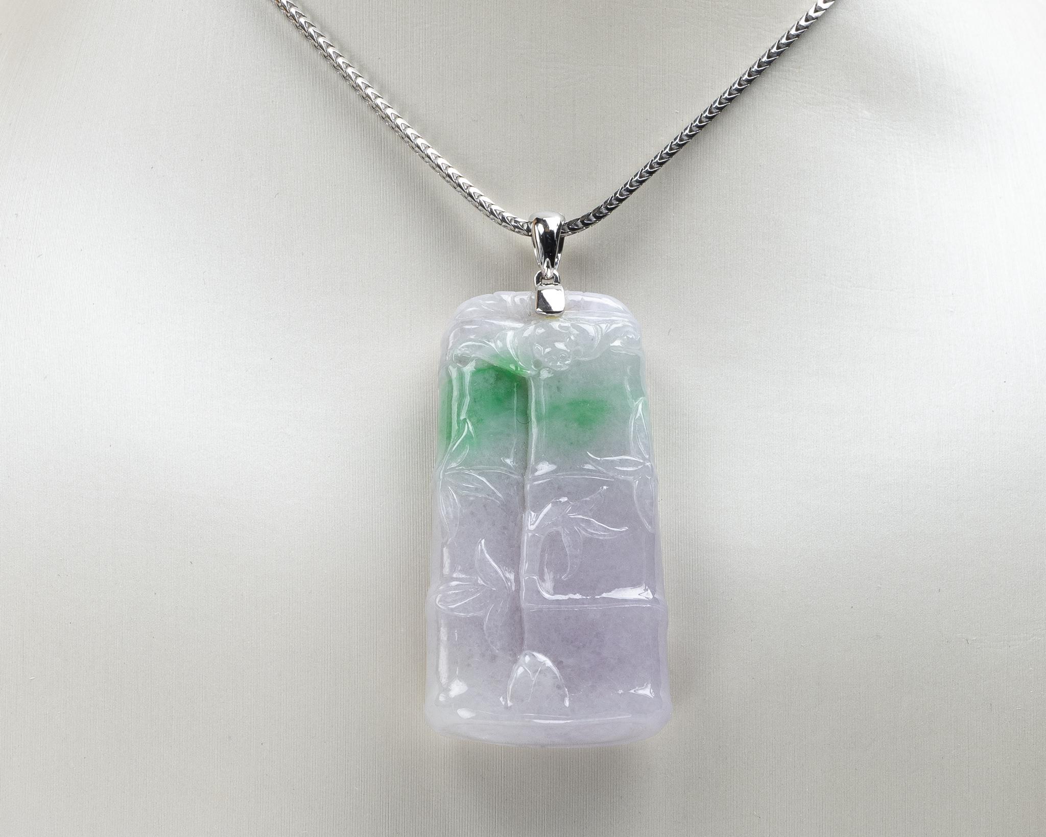 Rough Cut Lavender and Green Jadeite Jade Bamboo Pendant, Certified Untreated For Sale