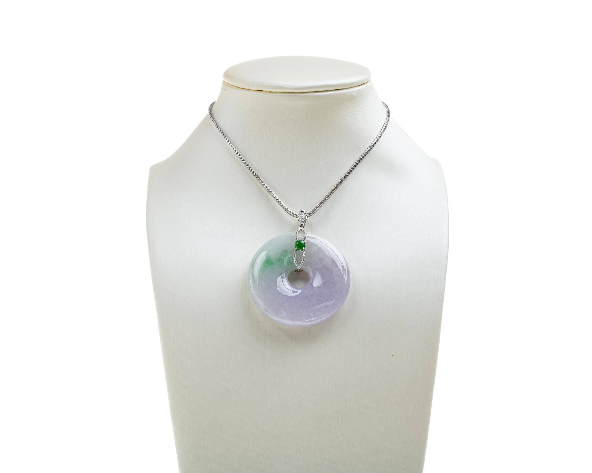 Rough Cut Lavender and Green Jadeite Jade Pi Disc Pendant, Certified Untreated