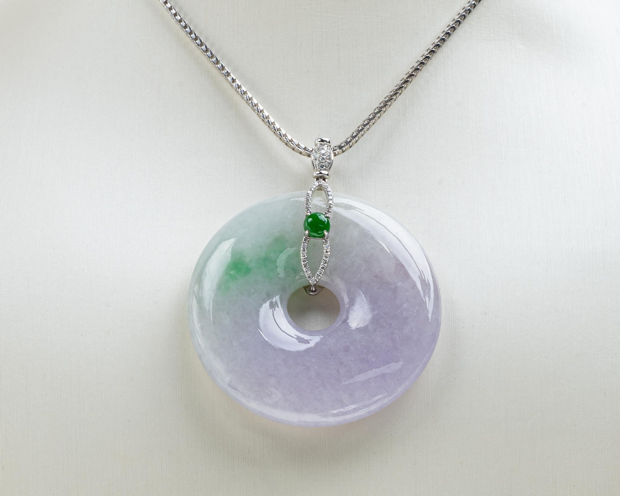 Lavender and Green Jadeite Jade Pi Disc Pendant, Certified Untreated In New Condition In San Francisco, CA