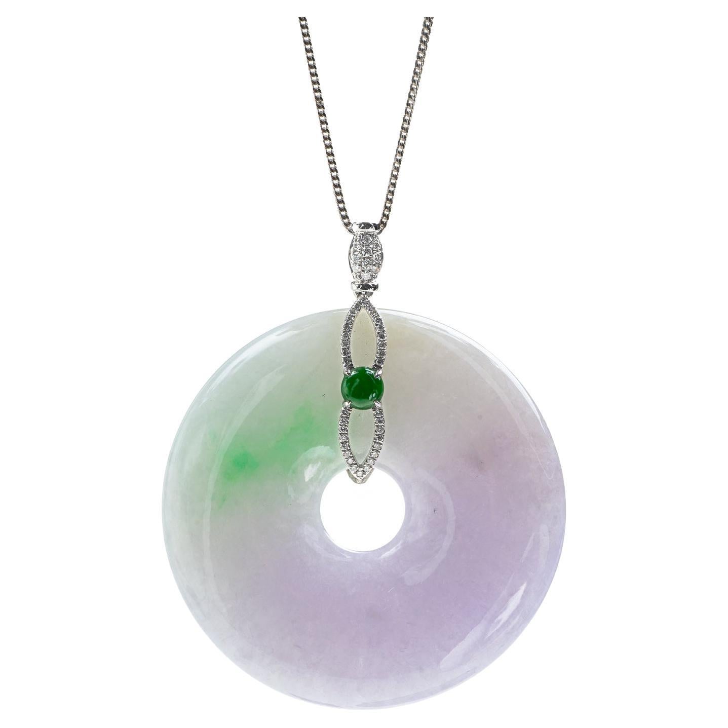 Lavender and Green Jadeite Jade Pi Disc Pendant, Certified Untreated