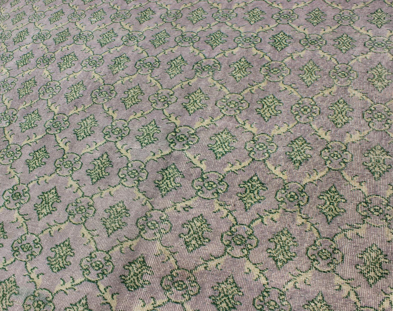 Gray/Lavender and Green Mid-Century Modern Vintage Turkish Square-Sized Rug 4