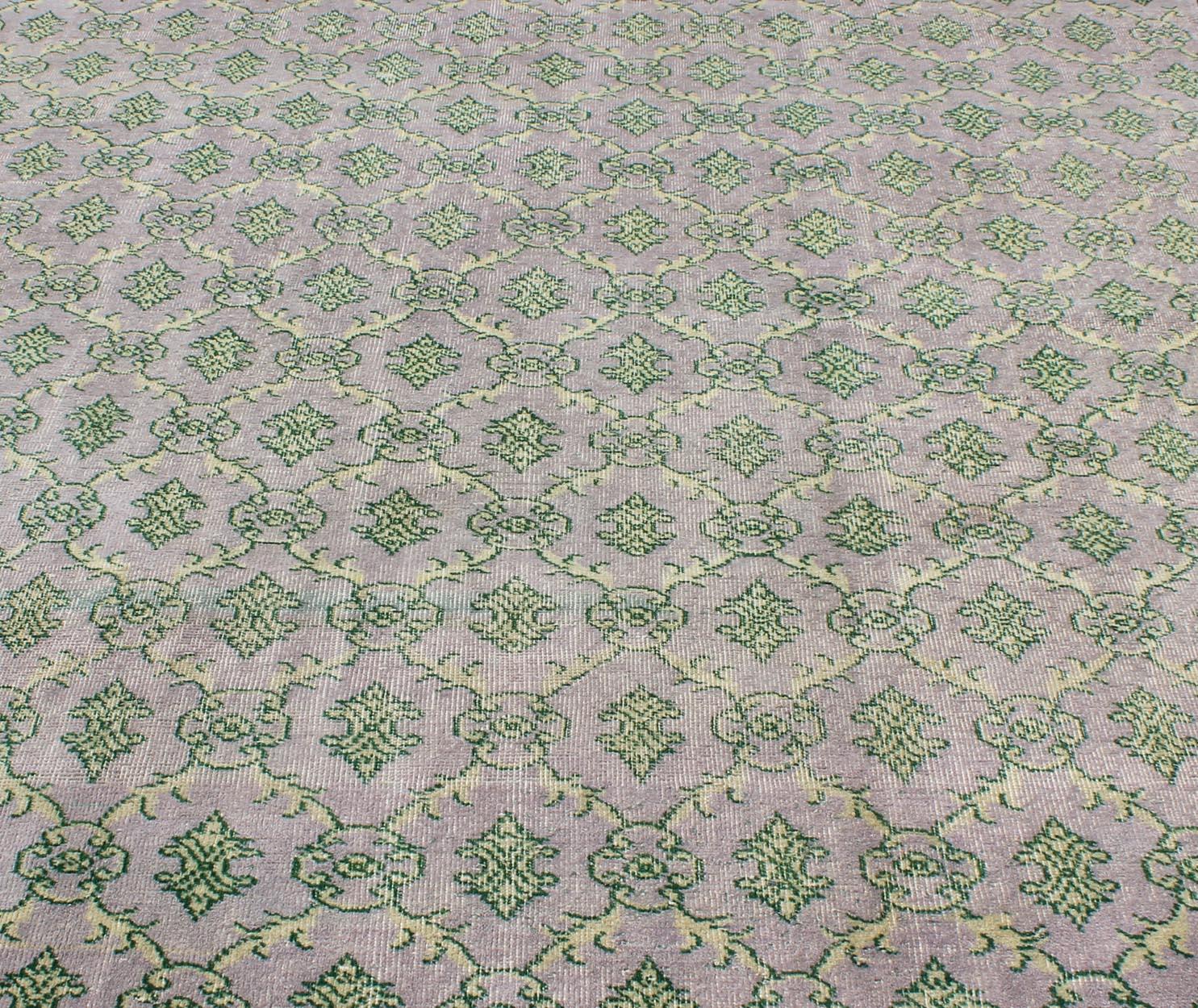 Gray/Lavender and Green Mid-Century Modern Vintage Turkish Square-Sized Rug 5