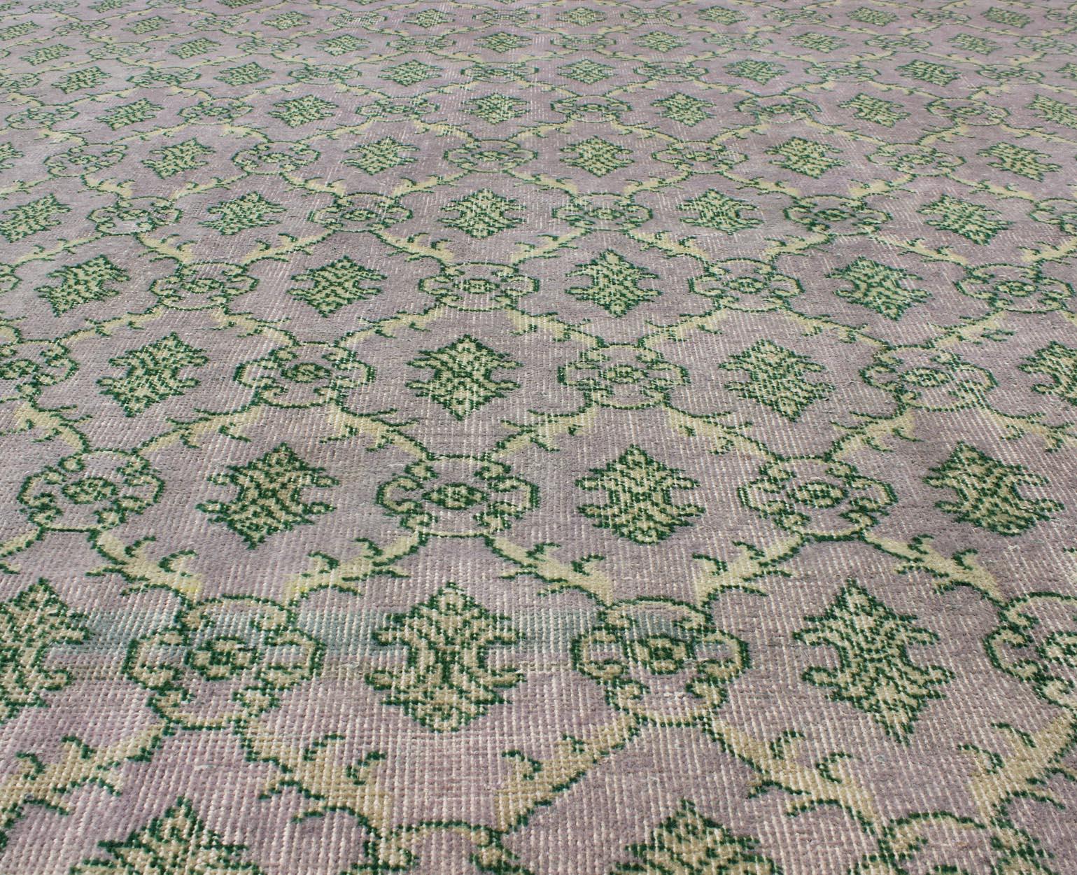 Wool Gray/Lavender and Green Mid-Century Modern Vintage Turkish Square-Sized Rug