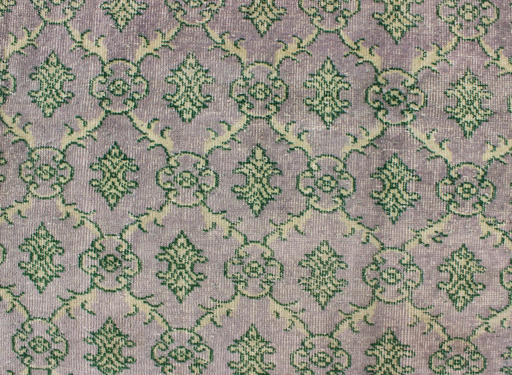 Gray/Lavender and Green Mid-Century Modern Vintage Turkish Square-Sized Rug 1