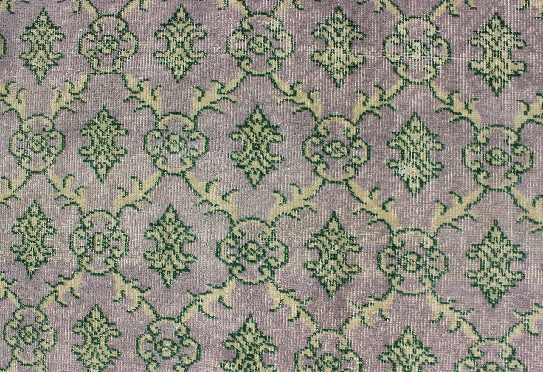 Gray/Lavender and Green Mid-Century Modern Vintage Turkish Square-Sized Rug 2