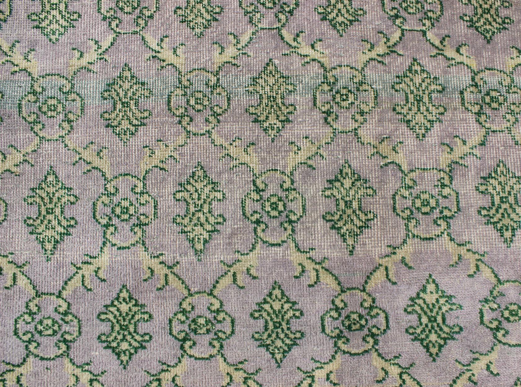 Gray/Lavender and Green Mid-Century Modern Vintage Turkish Square-Sized Rug 3