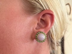 Lavender Cabochon Jade with Green Jade Halo Clip on Earrings 14K Yellow Gold