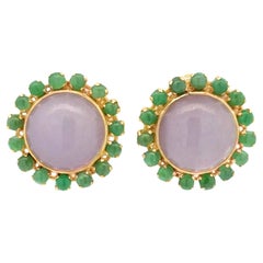 Jade Cabochon Lavande et Halo de Jade Vert Clips d'oreilles or jaune 14K