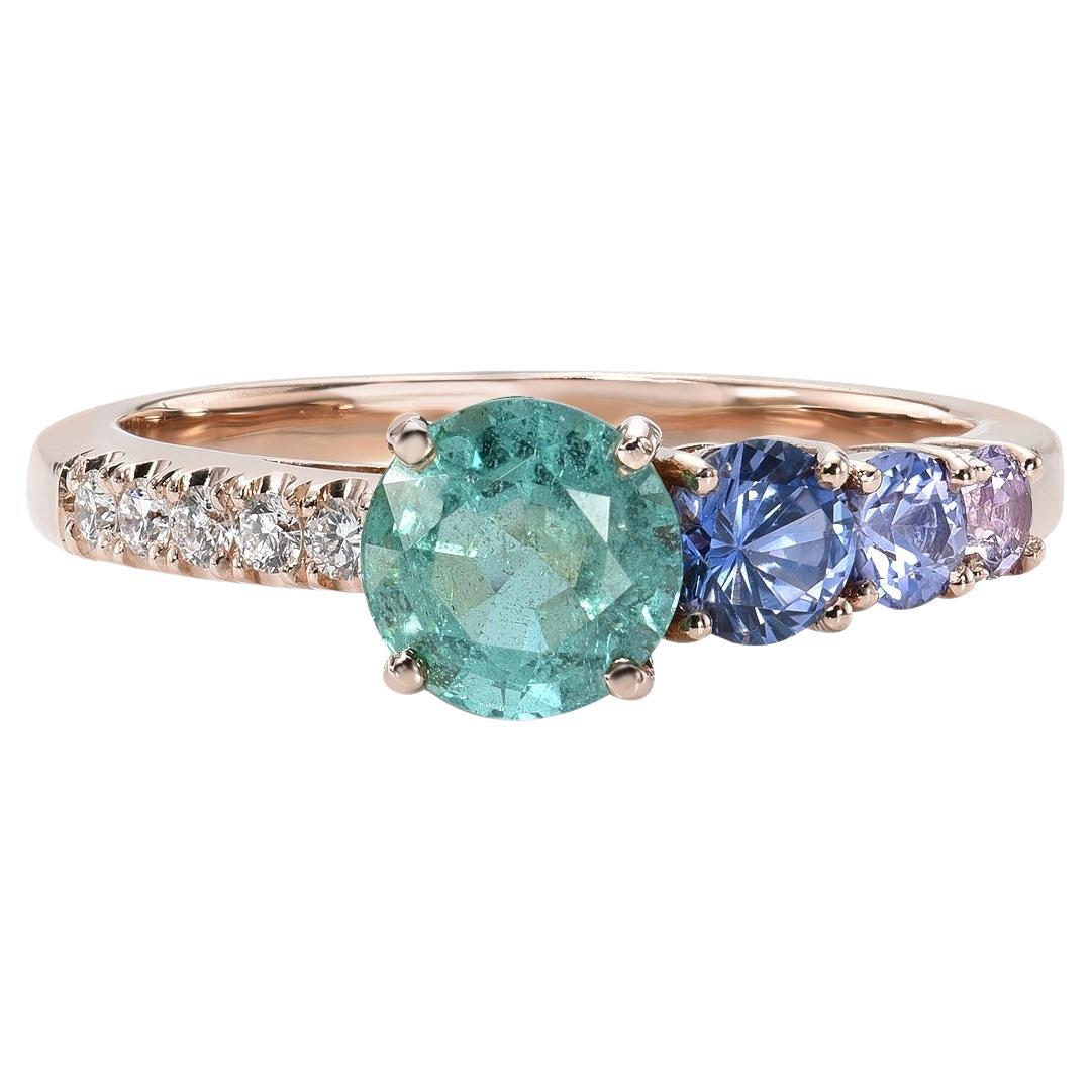 Lavender Cascade Colombian Emerald Ring with Sapphires, Rose Gold, NIXIN Jewelry For Sale