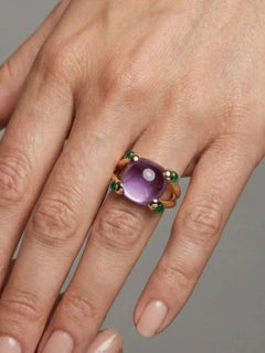 Lavender Chalcedony 14K (18K Custom) Emerald Accent Cushion Ring