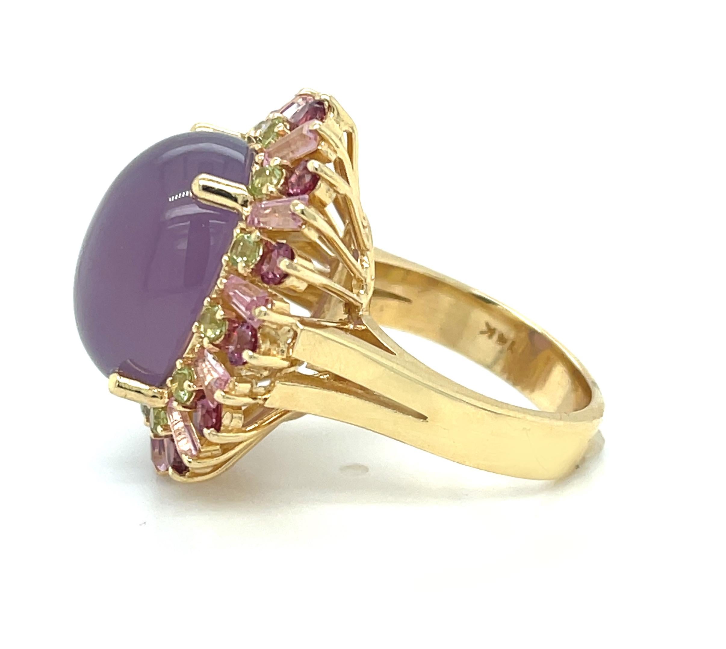 Lavender Chalcedony, Pink Tourmaline, Rhodolite Garnet and Peridot Cocktail Ring In New Condition For Sale In Los Angeles, CA