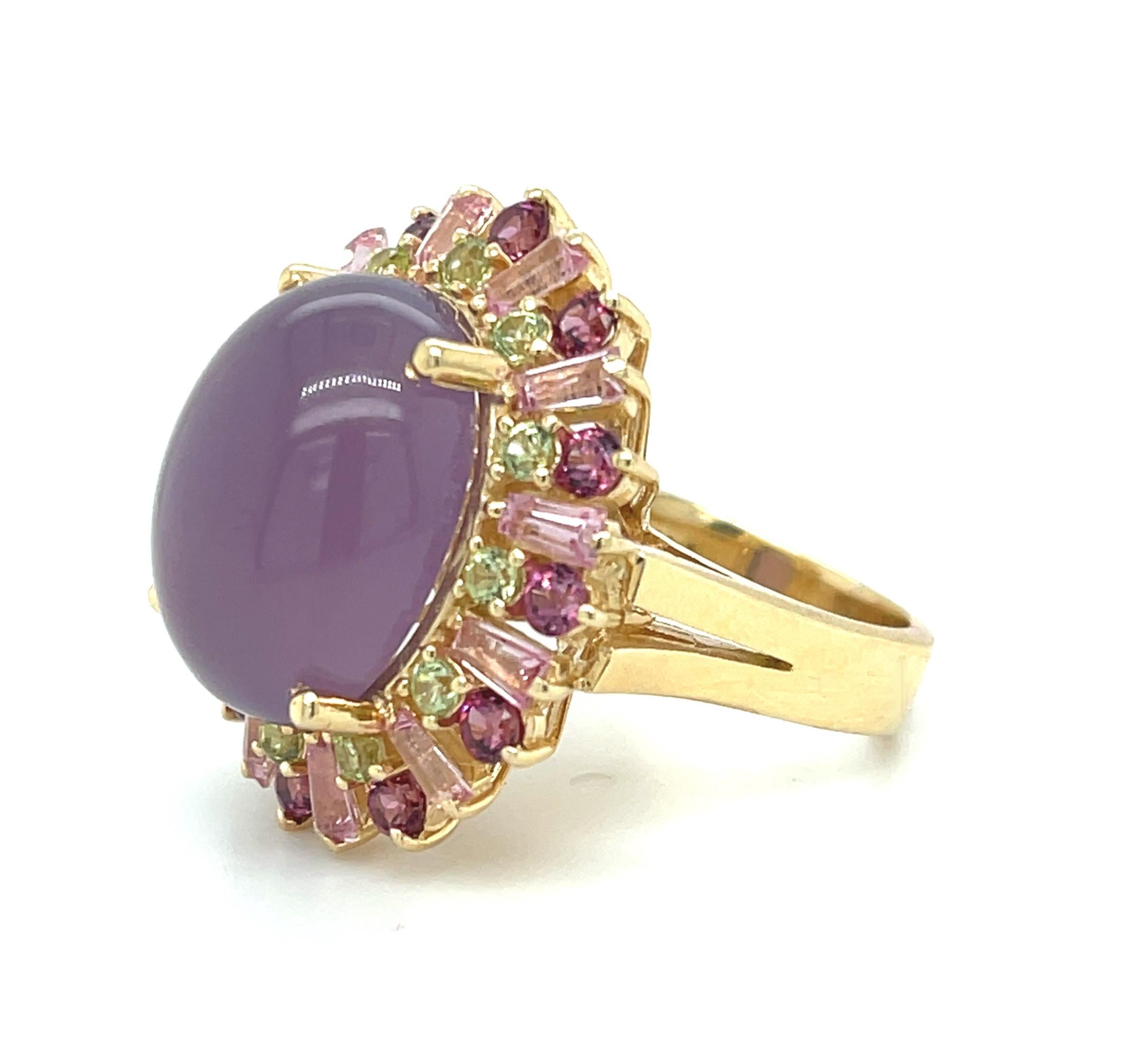Women's Lavender Chalcedony, Pink Tourmaline, Rhodolite Garnet and Peridot Cocktail Ring For Sale