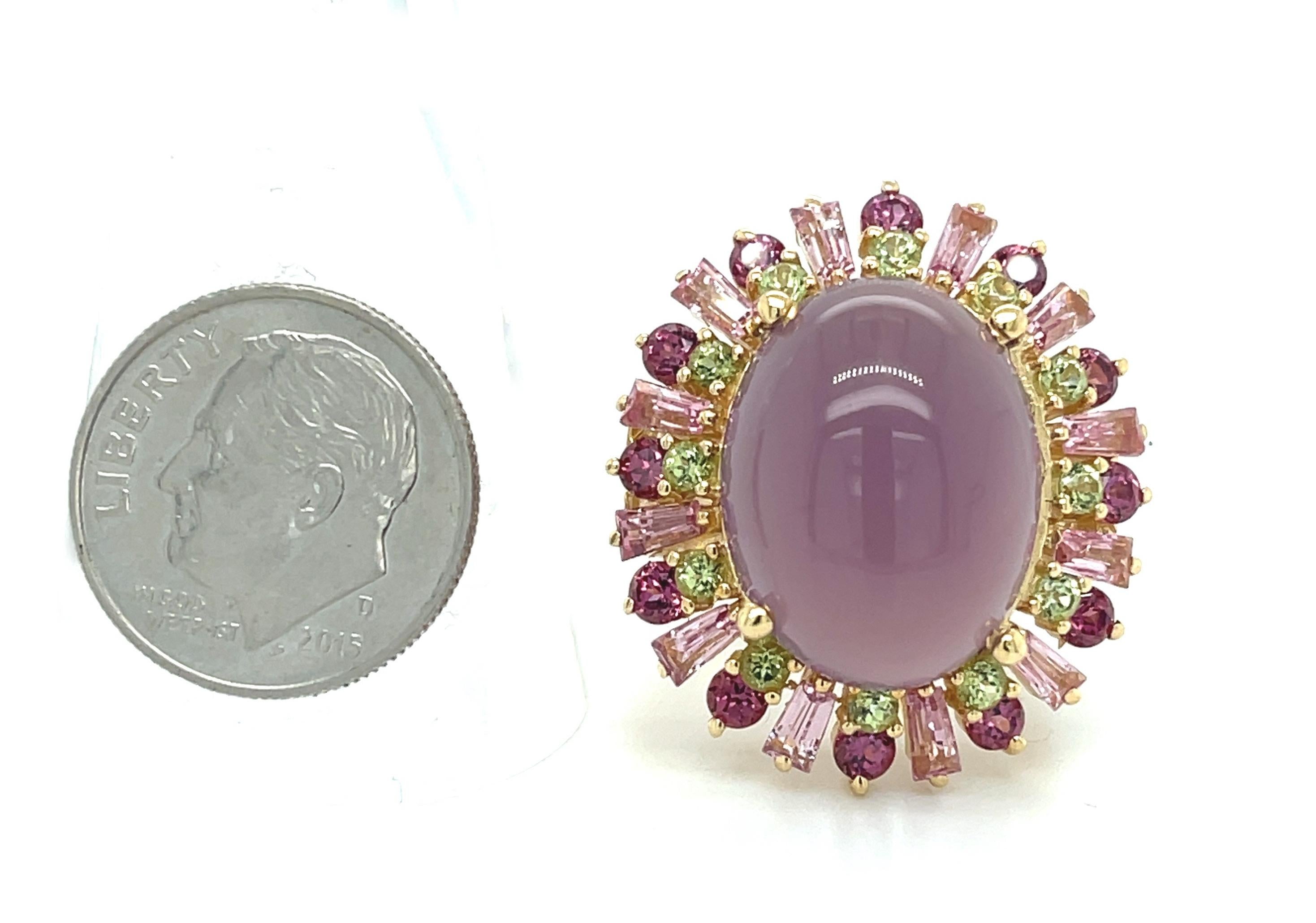 Lavender Chalcedony, Pink Tourmaline, Rhodolite Garnet and Peridot Cocktail Ring For Sale 1